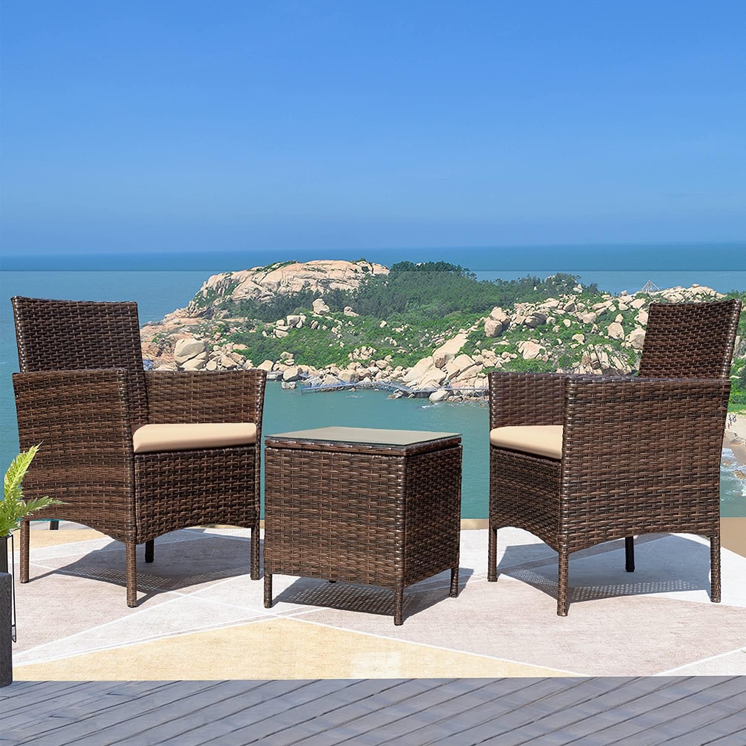 Greesum 3 Pieces Patio Furniture Sets Outdoor PE Rattan Wicker Chairs with Soft Cushion and Glass Coffee Table for Garden Backyard Porch Poolside, Brown and Beige 3 Greesum 3 Pieces Patio Furniture Sets Outdoor PE Rattan Wicker Chairs with Soft Cushion and Glass Coffee Table for Garden Backyard Porch Poolside, Brown and Beige - Image 3