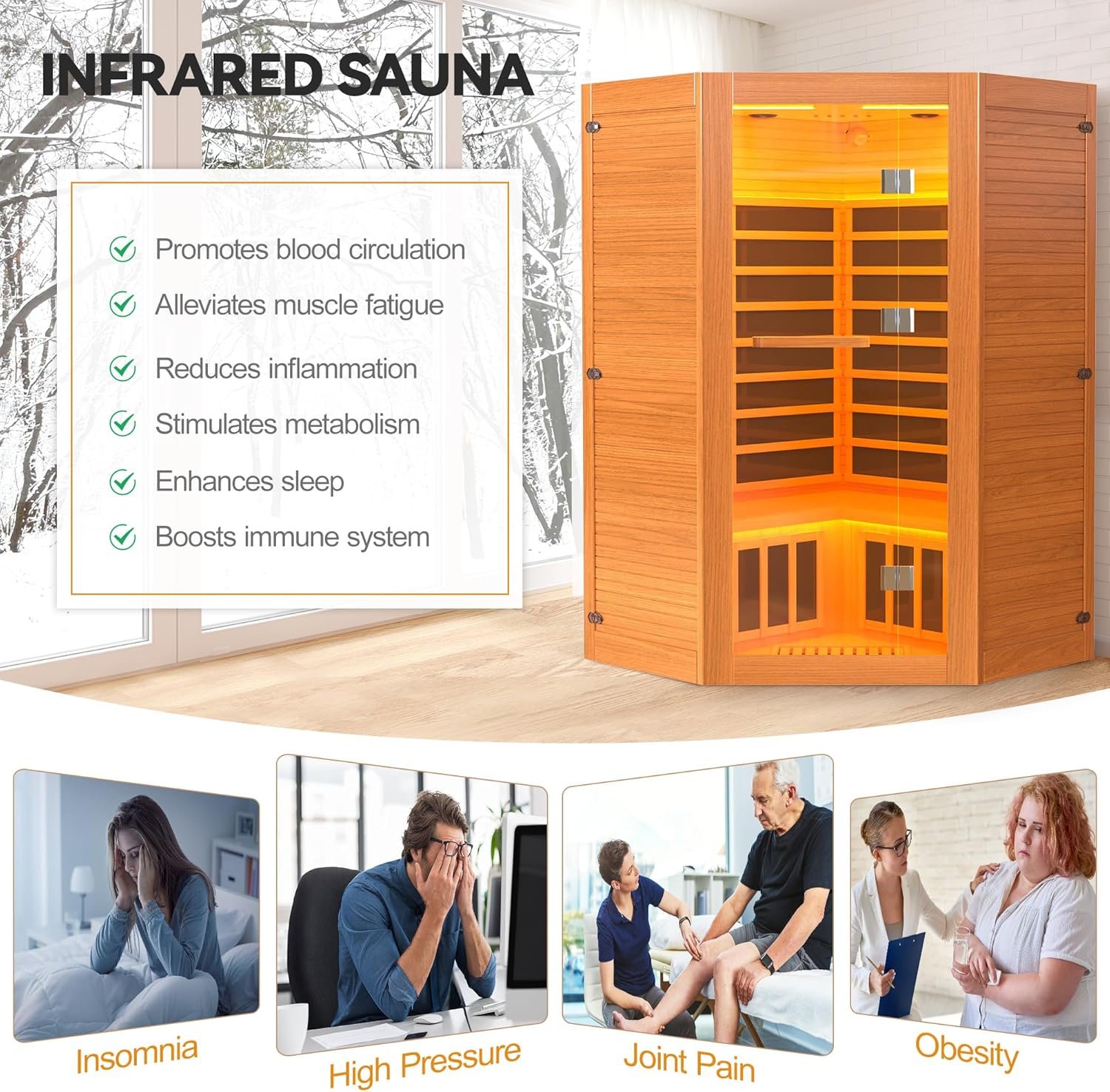 Far Infrared Wooden Sauna, 2-3 Person Indoor Wooden with 2 Bluetooth Speakers & 7 Color Lights & 7 Heating Panel, 2100W Canadian Hemlock Dry Sauna for Home,Intelligent Control Panel 4 Far Infrared Wooden Sauna, 2-3 Person Indoor Wooden with 2 Bluetooth Speakers & 7 Color Lights & 7 Heating Panel, 2100W Canadian Hemlock Dry Sauna for Home,Intelligent Control Panel - Image 4
