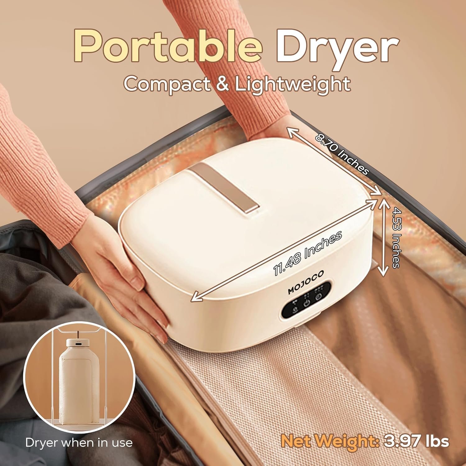 Mojoco Portable Clothes Dryer for Apartment, RV, Travel - Premium Mini Machine for Light Clothes, Underwear, Baby Clothes - Quick and Easy to Use Small/Compact Dryer 2 Mojoco Portable Clothes Dryer for Apartment, RV, Travel - Premium Mini Machine for Light Clothes, Underwear, Baby Clothes - Quick and Easy to Use Small/Compact Dryer - Image 2