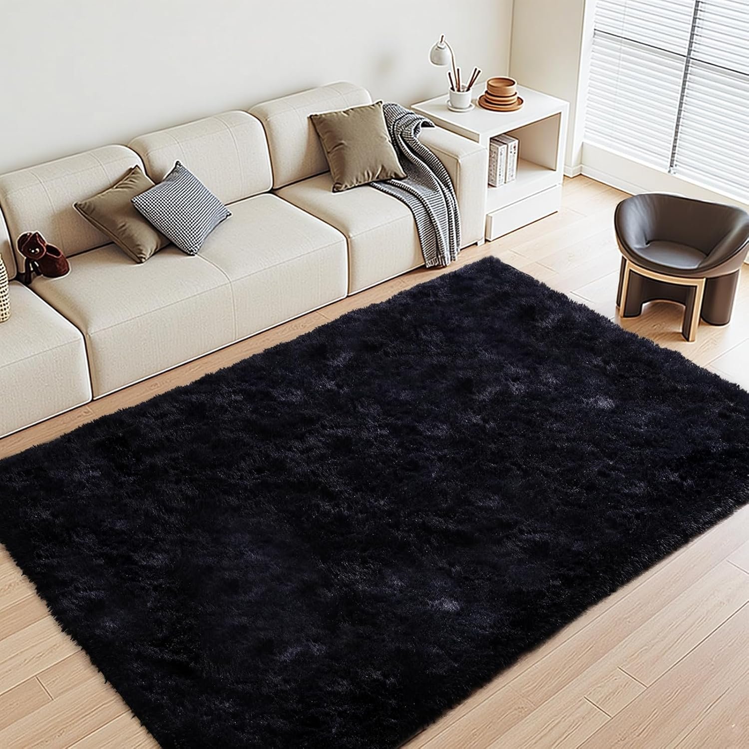Black Rugs for Living Room Fluffy 4x6 ft Bedroom Rug Non-Slip Area Rugs Shag Carpet for Nursery Kids PlayRoom Dorm Office Indoor 1.7'' Thick Modern Plush Carpets Boys
