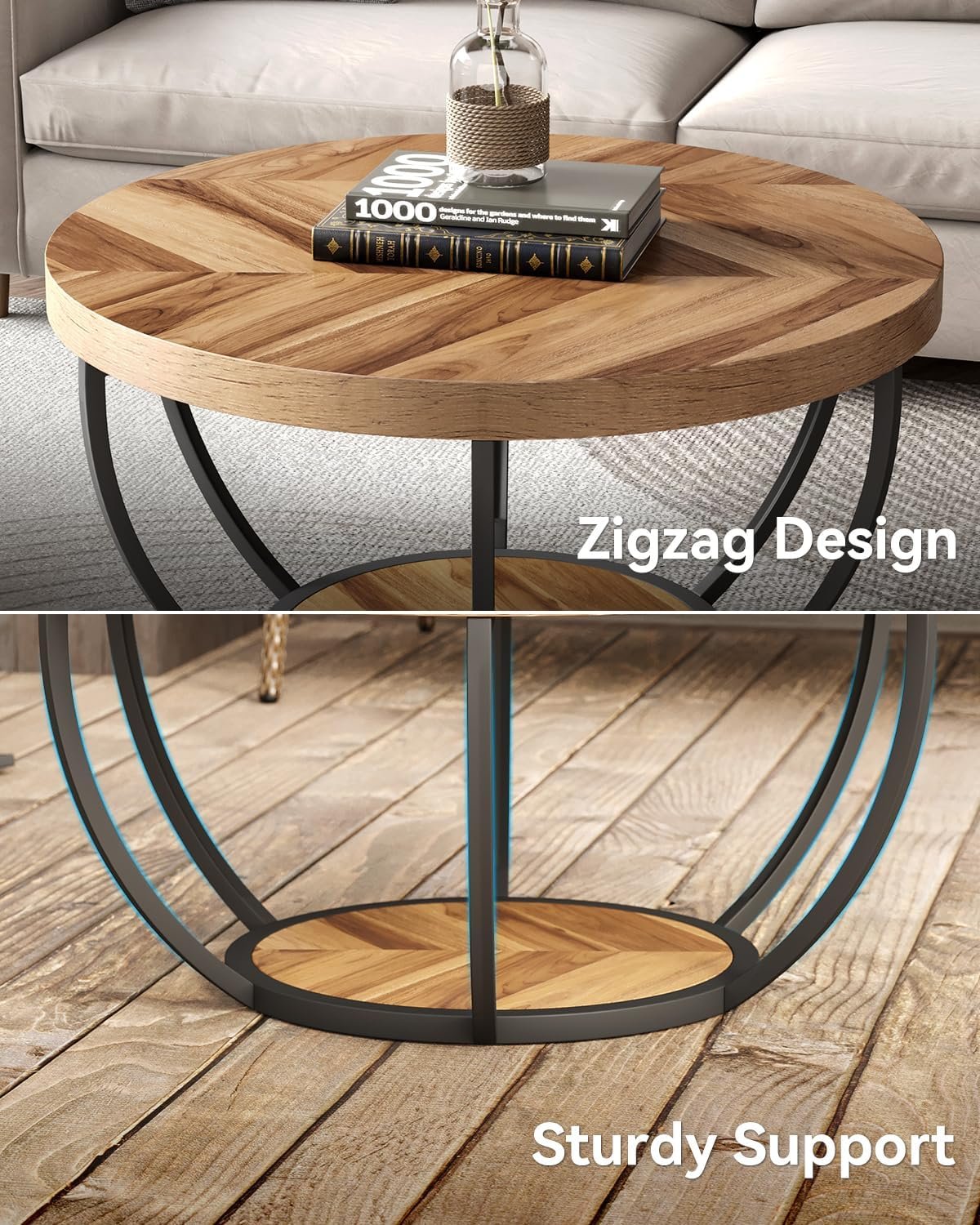 LITTLE TREE Round Coffee Table, 32" Circle Coffee Table for Living Room, 2-Tier Wood Accent Center Table with Open Storage Industrial Design Home Furniture (Wood Grain and Black) 6 LITTLE TREE Round Coffee Table, 32" Circle Coffee Table for Living Room, 2-Tier Wood Accent Center Table with Open Storage Industrial Design Home Furniture (Wood Grain and Black) - Image 6
