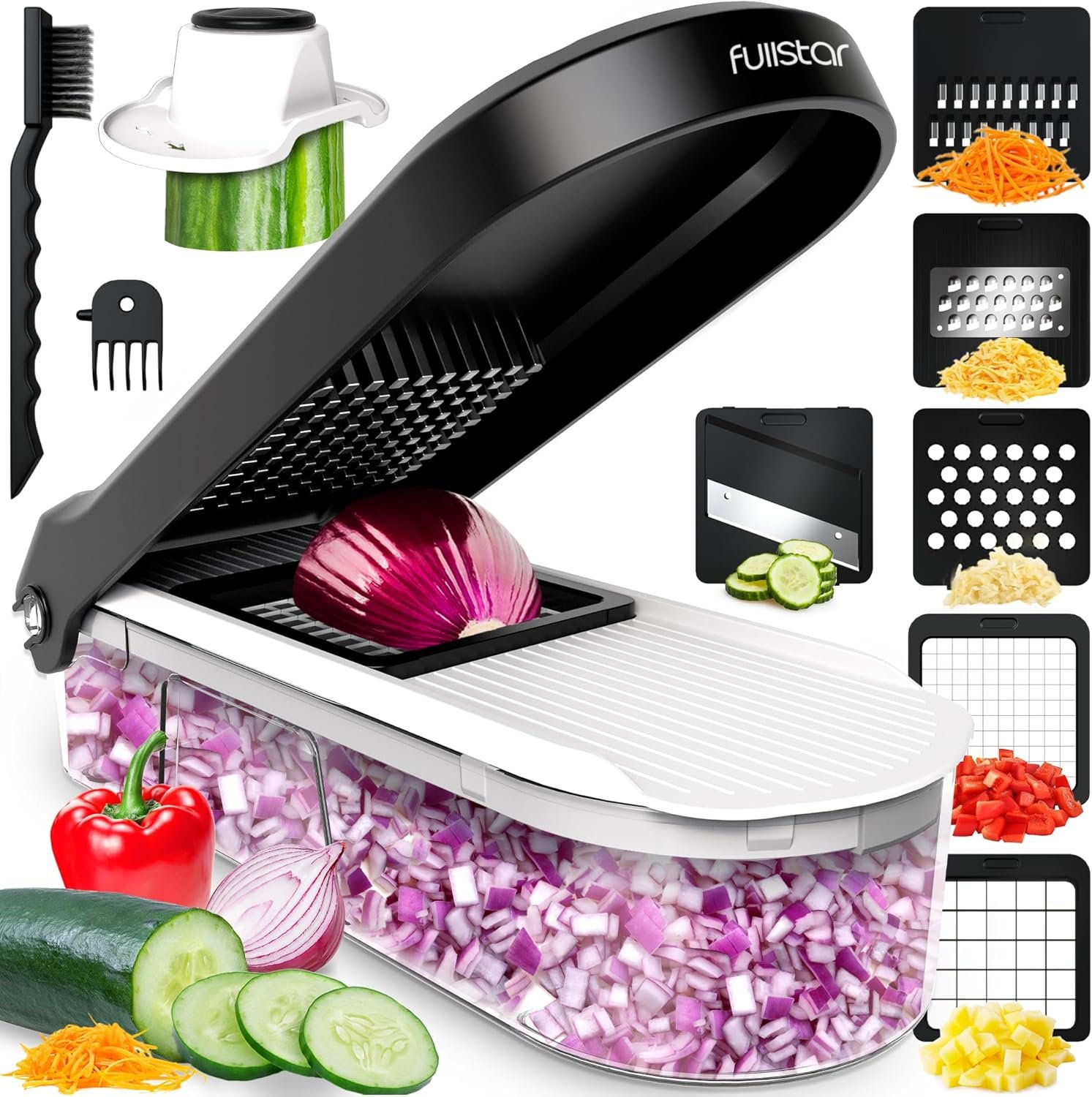 Fullstar Vegetable Chopper, Mandoline Slicer - Cheese Grater, Food Chopper with Container, Kitchen Gadgets, Home Essentials (6-in-1, White/Black)