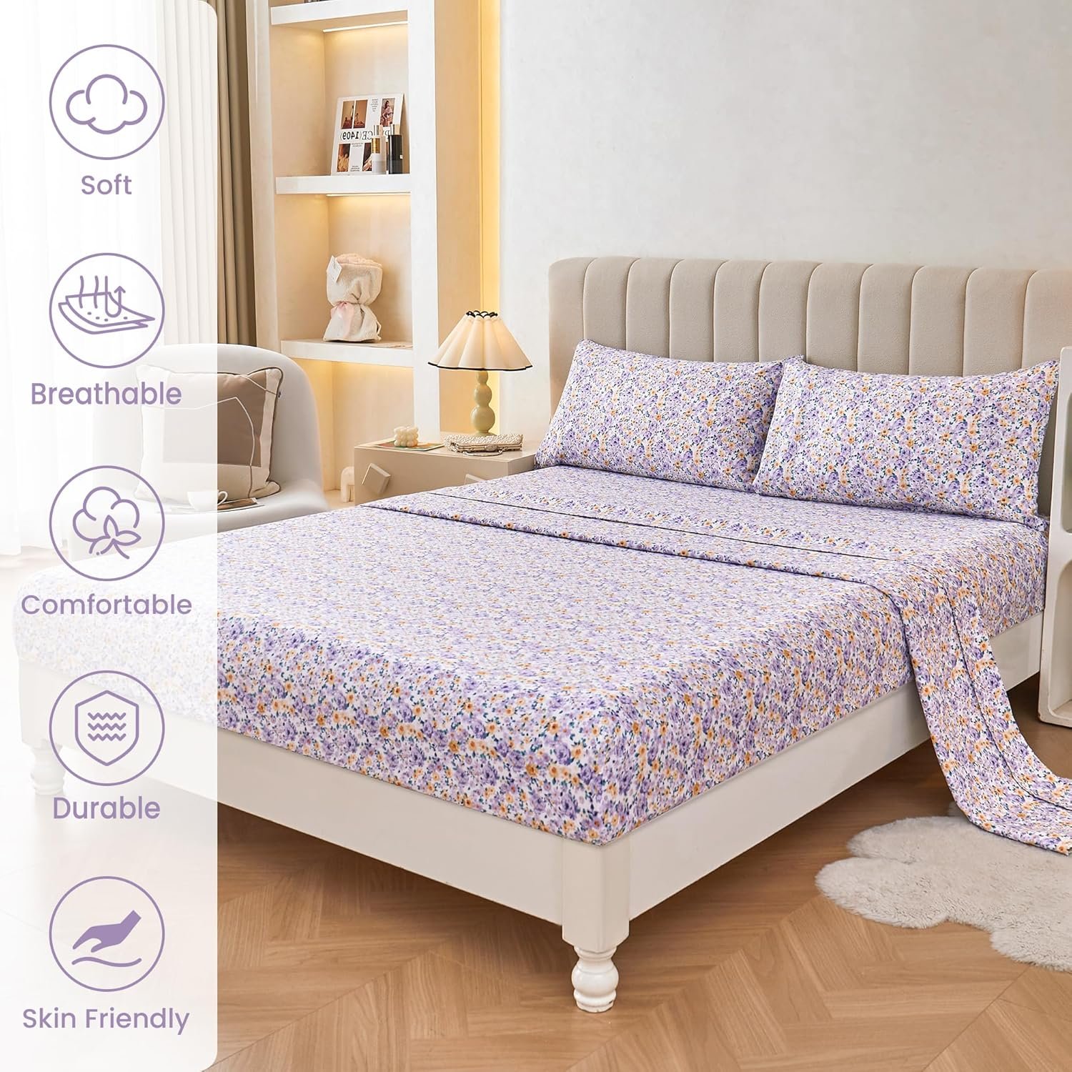 Mooreeke Floral Queen Bed Sheets, Soft Microfiber Printed Bedding Sheets & Pillowcases, Deep Pocket Non-Slip Vintage Queen Sheet, Purple Yellow Flower Pattern Bedsheets 2 Mooreeke Floral Queen Bed Sheets, Soft Microfiber Printed Bedding Sheets & Pillowcases, Deep Pocket Non-Slip Vintage Queen Sheet, Purple Yellow Flower Pattern Bedsheets - Image 2