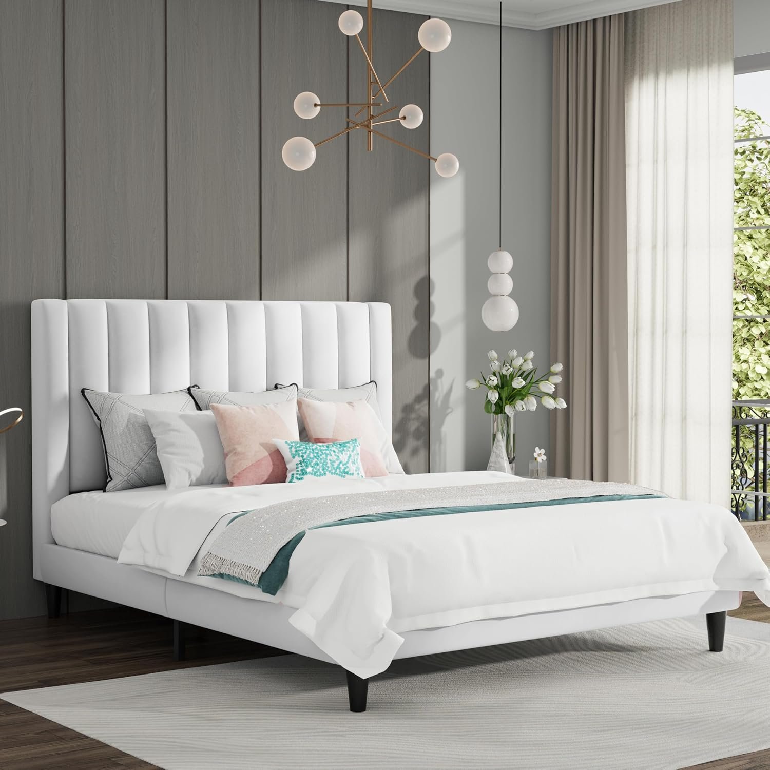 SHA CERLIN Full Bed Frame/Velvet Upholstered Platform Bed Frame with Headboard/Strong Wood Slats Support/Mattress Foundation/No Box Spring Needed/Easy Assembly/White 3 SHA CERLIN Full Bed Frame/Velvet Upholstered Platform Bed Frame with Headboard/Strong Wood Slats Support/Mattress Foundation/No Box Spring Needed/Easy Assembly/White - Image 3