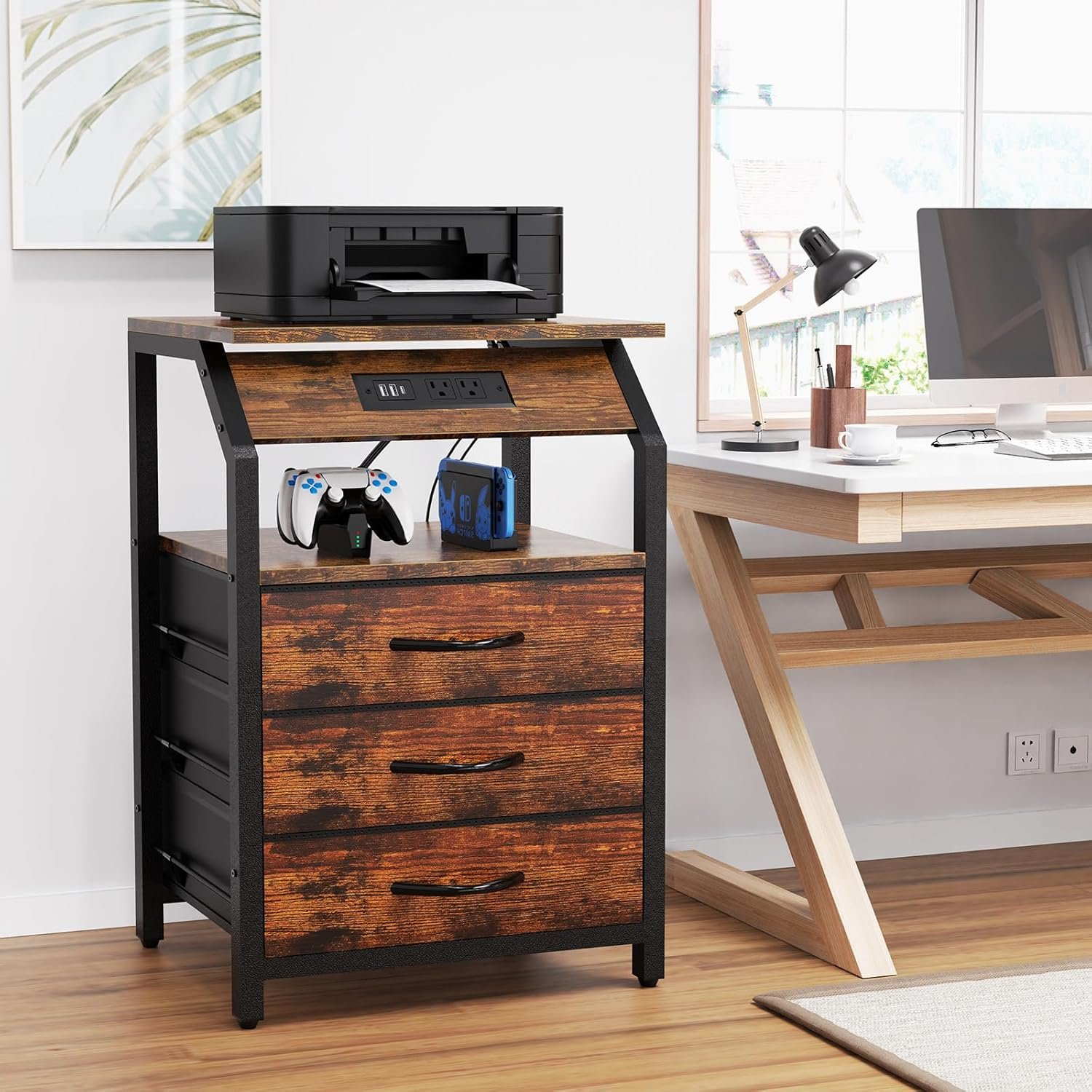 End Tables Set of 2, Nightstands with Charging Station and LED Lights, 3 Drawers Fabric Dresser, Storage Side Tables for Bedside, Living Room, Rustic Brown 5 End Tables Set of 2, Nightstands with Charging Station and LED Lights, 3 Drawers Fabric Dresser, Storage Side Tables for Bedside, Living Room, Rustic Brown - Image 5