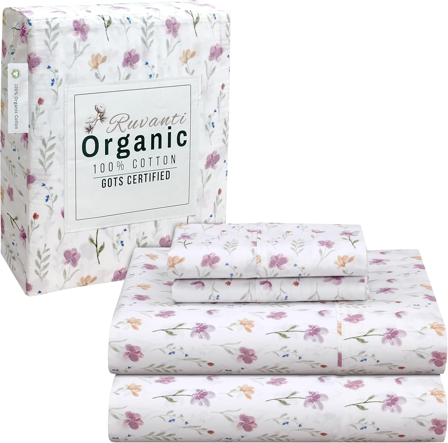 RUVANTI 100% Organic Cotton Sheets Queen Size Set, 4 Pieces, Soft & Breathable Percale Weave Bedding, Deep Pocket 16" Hotel Standard, Crisp Cool Feeling, Durable, Dyed Sheet, Obsessed Stems