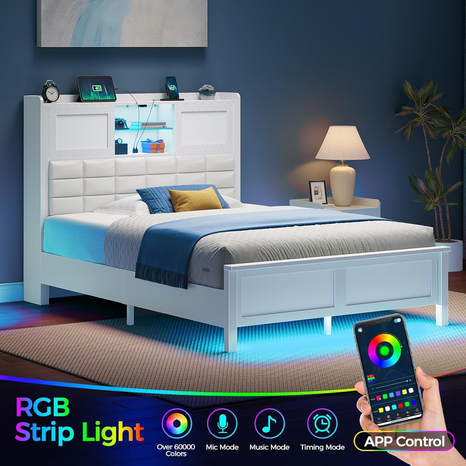 Rolanstar Bed Frame Twin Size with Charging Station, Bookcase Headboard Bed with LED Light and Sliding Doors, Platform Bed with Wooden Slats, No Box Spring Needed, Noise Free, White 3 Rolanstar Bed Frame Twin Size with Charging Station, Bookcase Headboard Bed with LED Light and Sliding Doors, Platform Bed with Wooden Slats, No Box Spring Needed, Noise Free, White - Image 3