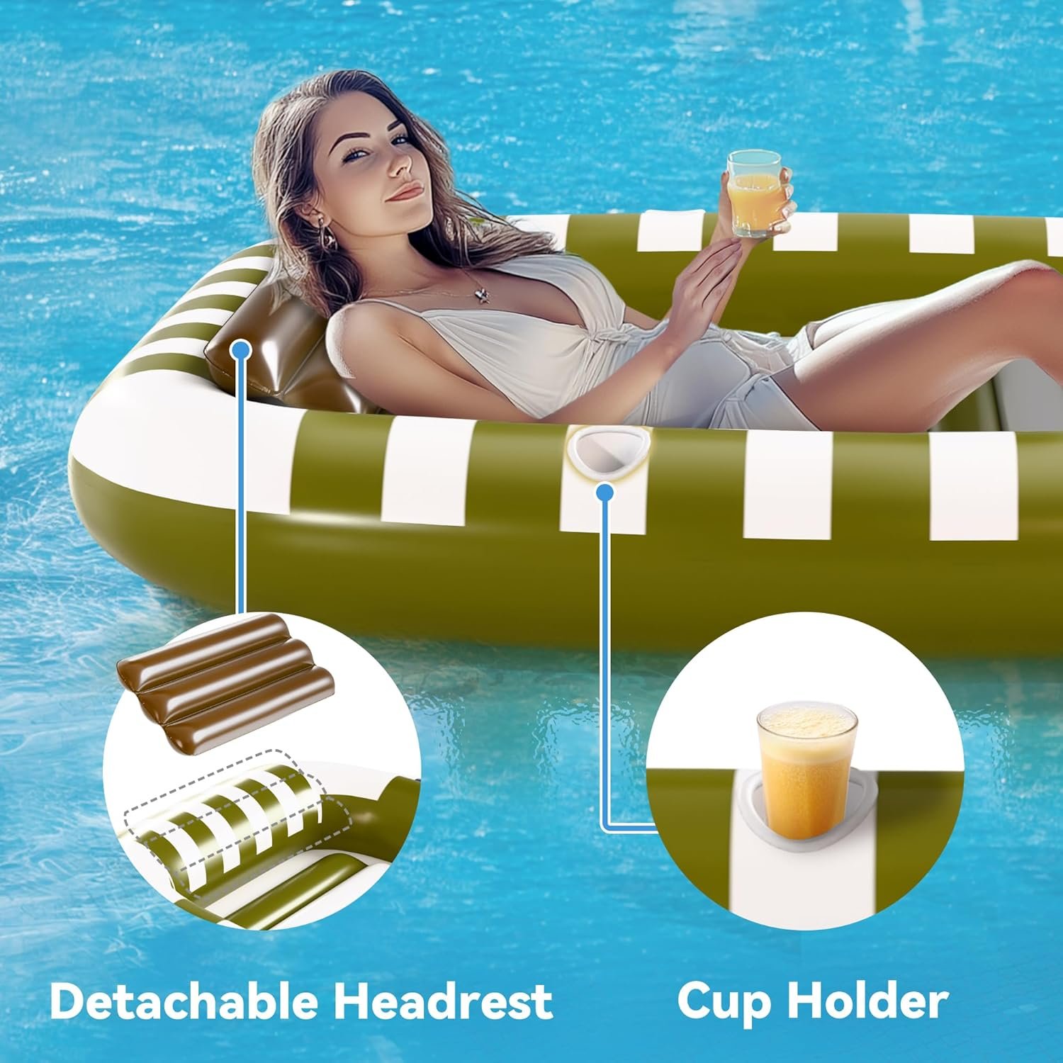 Pool Wave Inflatable Pool Lounger Floats, 80" x 66" Large Tanning Bed for Adult Kids, Outdoor Sun Bathing Floating Blow up Raft W/Pillow, Spray Water Mat, Summer Beach Lake Family Party Gift - Green 3 Pool Wave Inflatable Pool Lounger Floats, 80" x 66" Large Tanning Bed for Adult Kids, Outdoor Sun Bathing Floating Blow up Raft W/Pillow, Spray Water Mat, Summer Beach Lake Family Party Gift - Green - Image 3