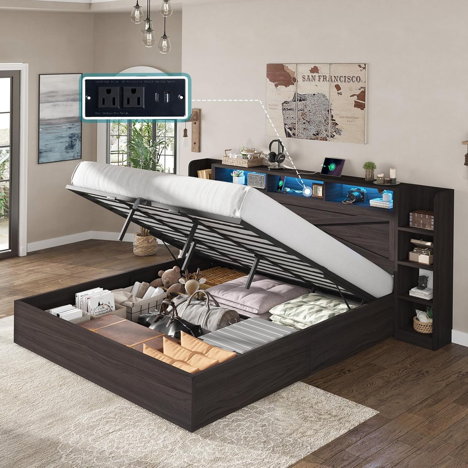 AMERLIFE King Size Lift Up Storage Bed Frame, 45.1" LED Bed Frame with 2 Side Shelves & Bookcase Headboard, Farmhouse Wood Platform Bed with Charging Station, No Box Spring Needed, Black