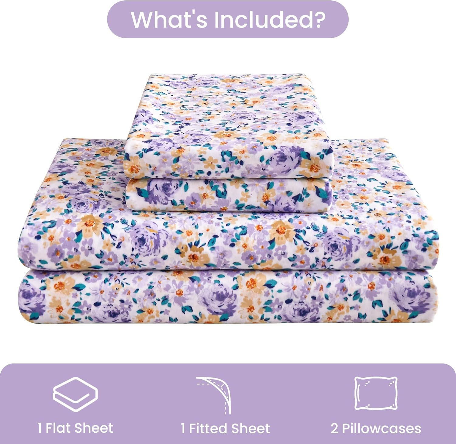 Mooreeke Floral Queen Bed Sheets, Soft Microfiber Printed Bedding Sheets & Pillowcases, Deep Pocket Non-Slip Vintage Queen Sheet, Purple Yellow Flower Pattern Bedsheets 7 Mooreeke Floral Queen Bed Sheets, Soft Microfiber Printed Bedding Sheets & Pillowcases, Deep Pocket Non-Slip Vintage Queen Sheet, Purple Yellow Flower Pattern Bedsheets - Image 7