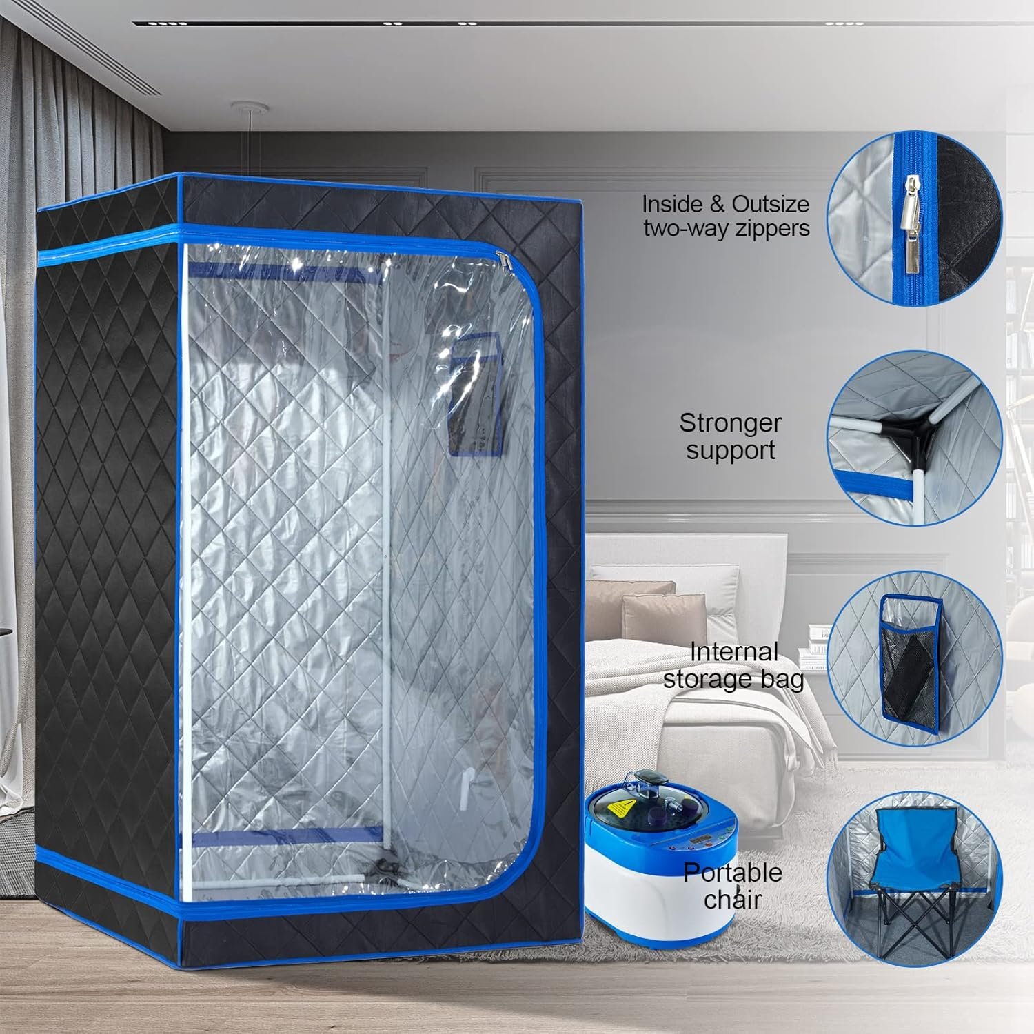ZONEMEL Full Size Portable Steam Sauna Kit, Personal Full Body Sauna Spa for Home Relaxation, 4 Liters 1500 Watt Steamer, Remote Control, Timer, Foldable Chair (Black, Clear Door) 6 ZONEMEL Full Size Portable Steam Sauna Kit, Personal Full Body Sauna Spa for Home Relaxation, 4 Liters 1500 Watt Steamer, Remote Control, Timer, Foldable Chair (Black, Clear Door) - Image 6