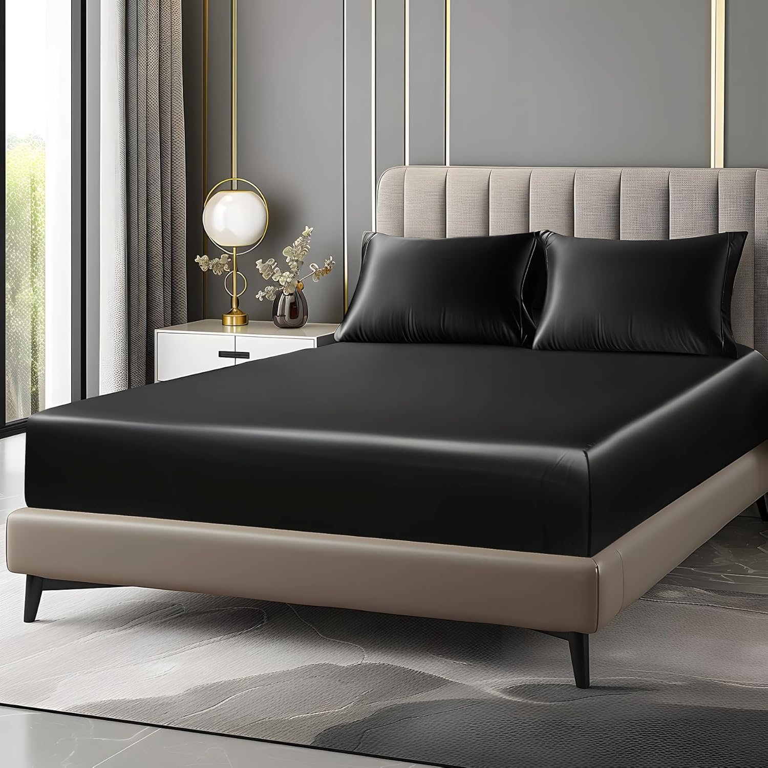 BEDELITE Satin Fitted Sheet and Pillowcases Set, Luxury Soft Similar to Silk Bottom Bed Sheet with Elastic Corner Straps, Deep Pocket up to 15 Inch, 1 Fitted Sheet and 2 Pillowcases(Queen, Black)