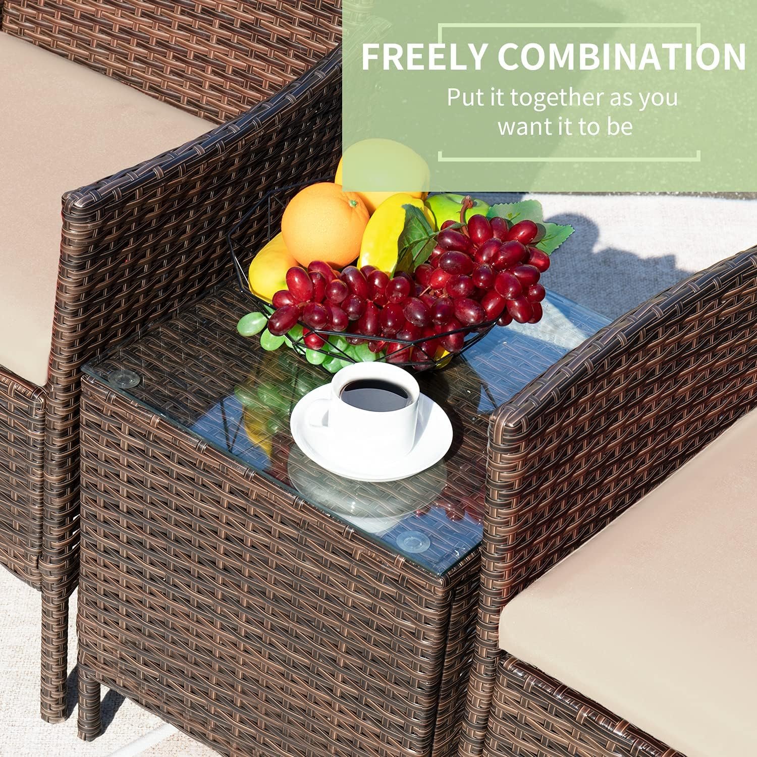 Greesum 3 Pieces Patio Furniture Sets Outdoor PE Rattan Wicker Chairs with Soft Cushion and Glass Coffee Table for Garden Backyard Porch Poolside, Brown and Beige 6 Greesum 3 Pieces Patio Furniture Sets Outdoor PE Rattan Wicker Chairs with Soft Cushion and Glass Coffee Table for Garden Backyard Porch Poolside, Brown and Beige - Image 6