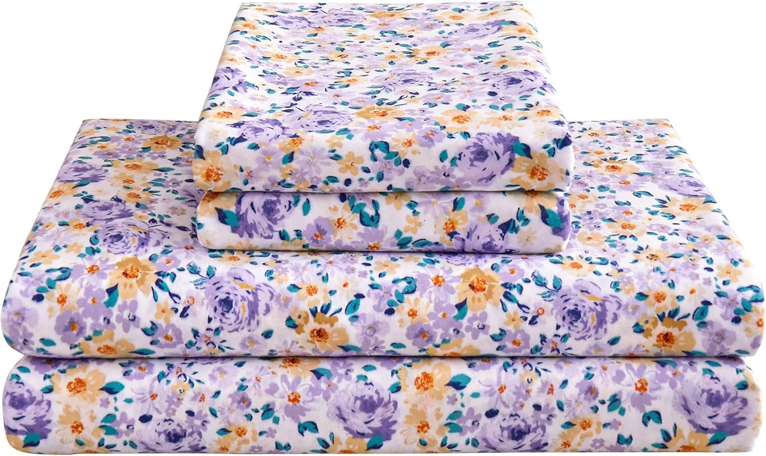 Mooreeke Floral Queen Bed Sheets, Soft Microfiber Printed Bedding Sheets & Pillowcases, Deep Pocket Non-Slip Vintage Queen Sheet, Purple Yellow Flower Pattern Bedsheets