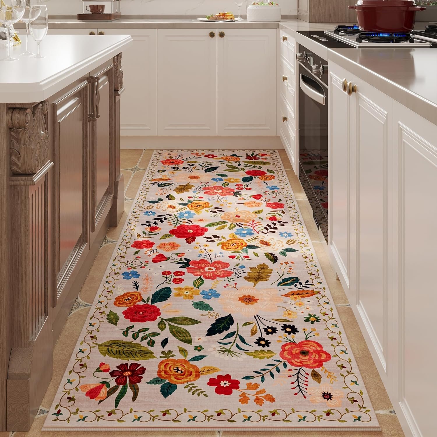 Runner Rug for Hallways Kitchen Runner Rug Non Slip 2'6''x8' Washable Runner Rugs with Rubber Backing Soft Floral Carpet Runner for Hallways, Kitchen, Laundry, Bedroom, Bathroom(Beige)