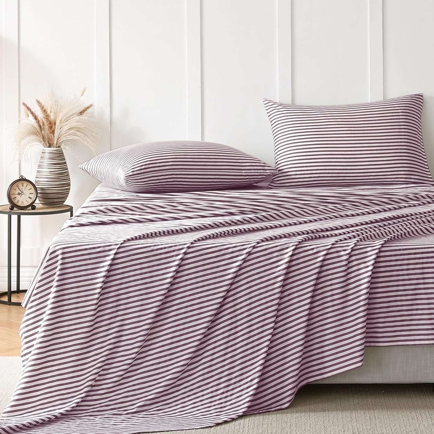 JELLYMONI 100% Natural Cotton King Sheet Set, 4 Pieces Striped Sheets - 16" Deep Pockets Bedding Set, Ultra-Soft, Machine Washable