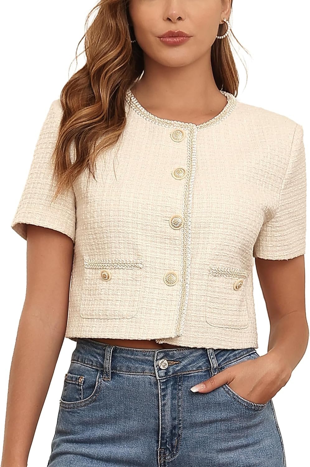 M.Infisavo 2025 Women's Cropped Tweed Blazer Short Sleeve Elegant Round Neck Open Front Cardigan Business Casual Jacket