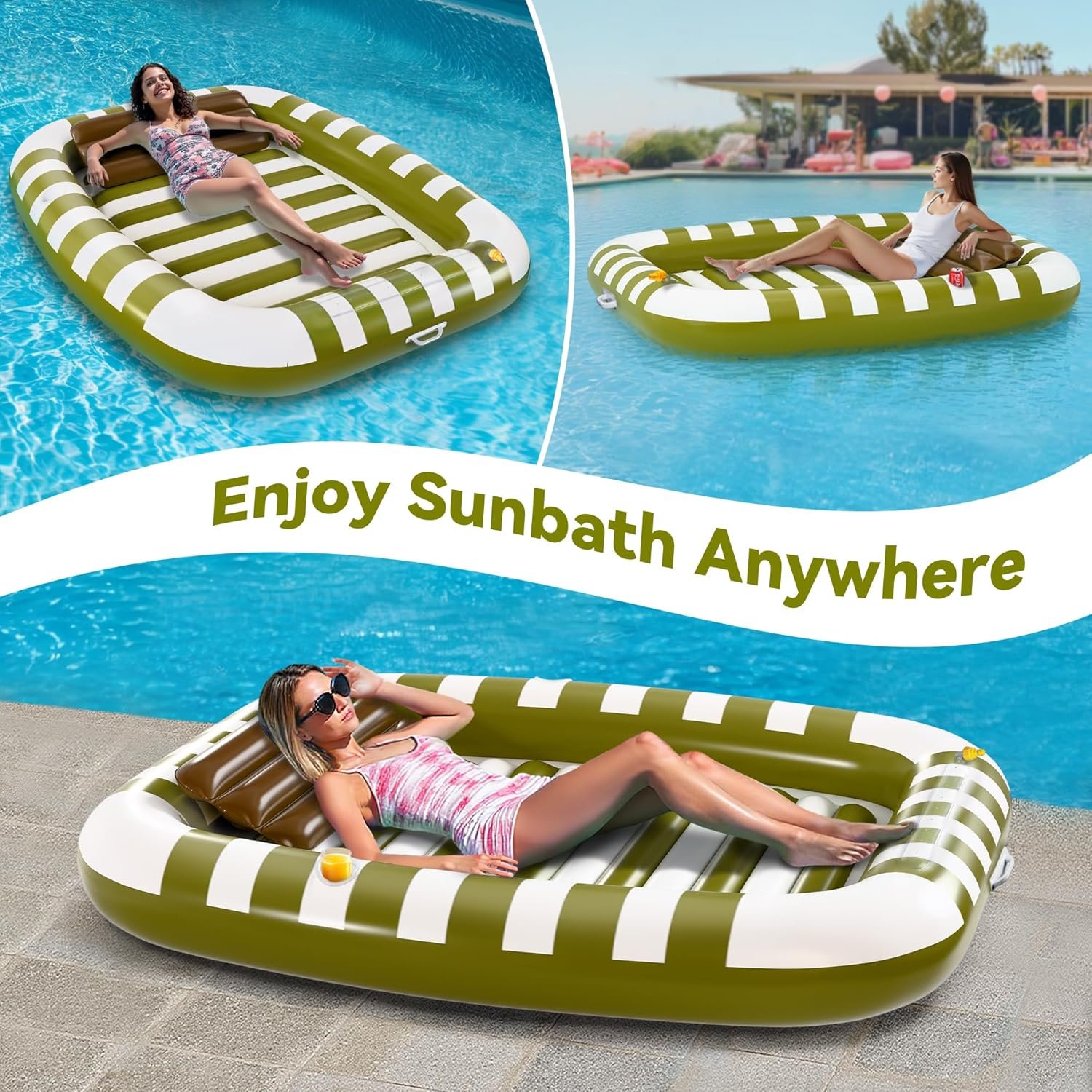 Pool Wave Inflatable Pool Lounger Floats, 80" x 66" Large Tanning Bed for Adult Kids, Outdoor Sun Bathing Floating Blow up Raft W/Pillow, Spray Water Mat, Summer Beach Lake Family Party Gift - Green 6 Pool Wave Inflatable Pool Lounger Floats, 80" x 66" Large Tanning Bed for Adult Kids, Outdoor Sun Bathing Floating Blow up Raft W/Pillow, Spray Water Mat, Summer Beach Lake Family Party Gift - Green - Image 6