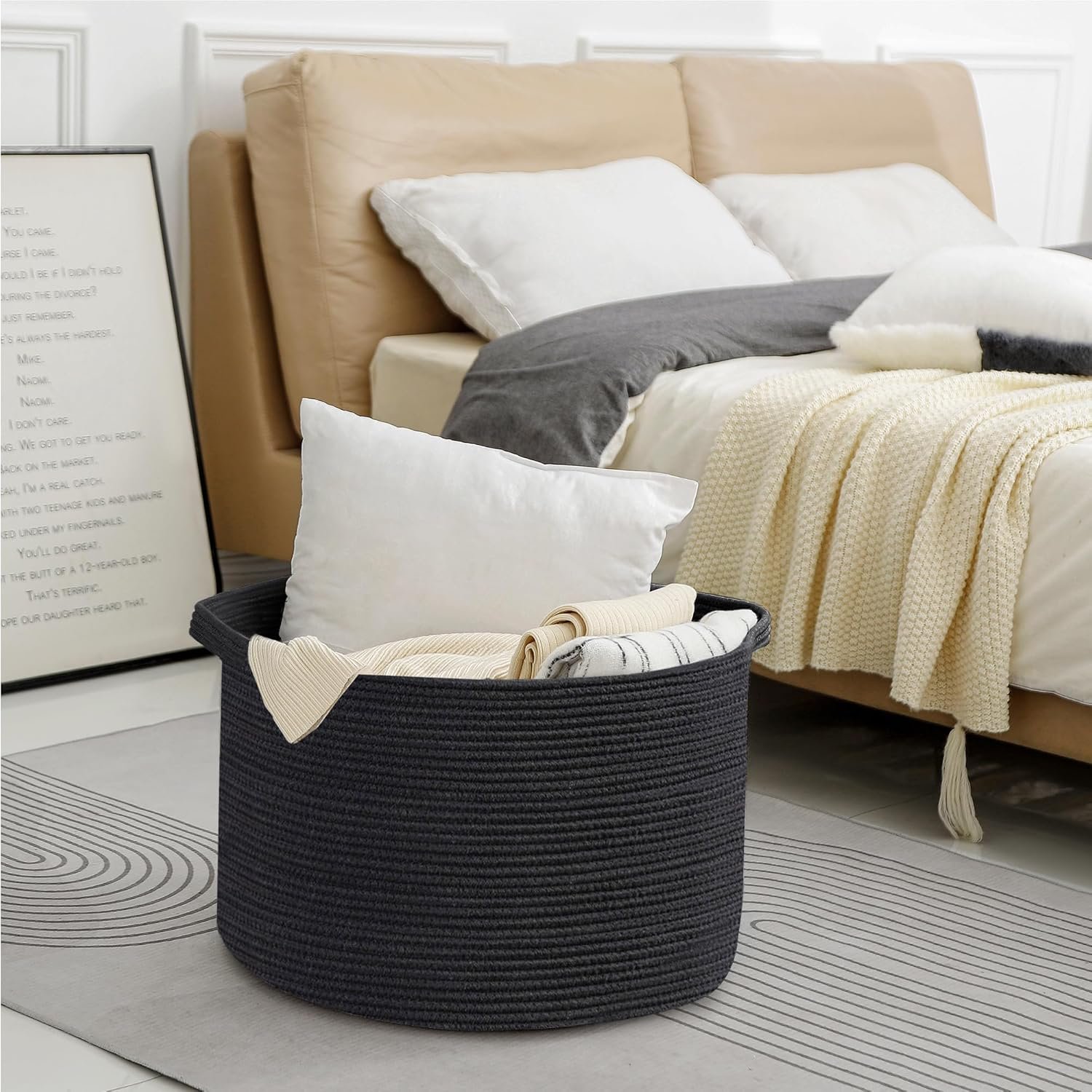 Large Black Blanket Basket, 22" X 22" X 14" Woven Rope Baskets for Storage, Kids Dog Toy Storage Box Organizer Bins, Blanket Storage for Living Room, Black Wicker Baskets for Organizing 5 Large Black Blanket Basket, 22" X 22" X 14" Woven Rope Baskets for Storage, Kids Dog Toy Storage Box Organizer Bins, Blanket Storage for Living Room, Black Wicker Baskets for Organizing - Image 5