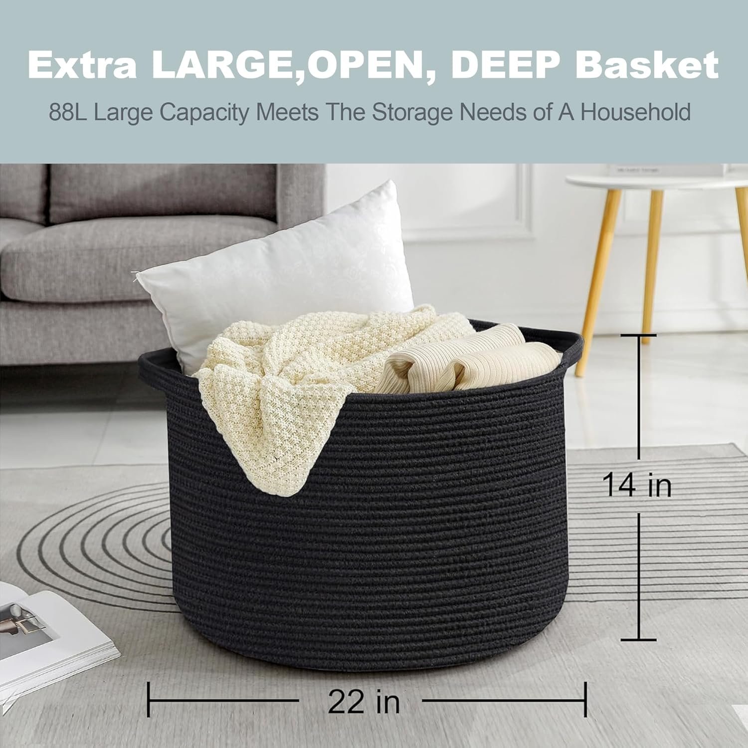 Large Black Blanket Basket, 22" X 22" X 14" Woven Rope Baskets for Storage, Kids Dog Toy Storage Box Organizer Bins, Blanket Storage for Living Room, Black Wicker Baskets for Organizing 3 Large Black Blanket Basket, 22" X 22" X 14" Woven Rope Baskets for Storage, Kids Dog Toy Storage Box Organizer Bins, Blanket Storage for Living Room, Black Wicker Baskets for Organizing - Image 3
