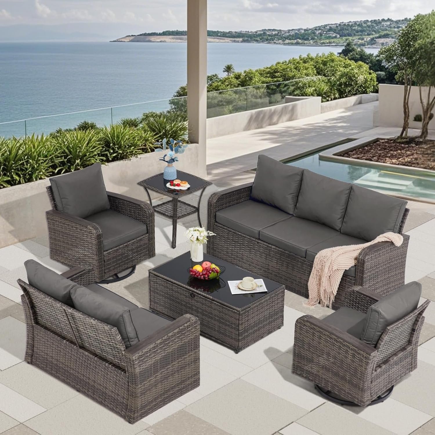6 Pieces Patio Furniture Sets with Swivel Chairs, Outdoor Furniture Set for Porch Deck Bistro Lawn Garden Backyard Poolsid-Grey