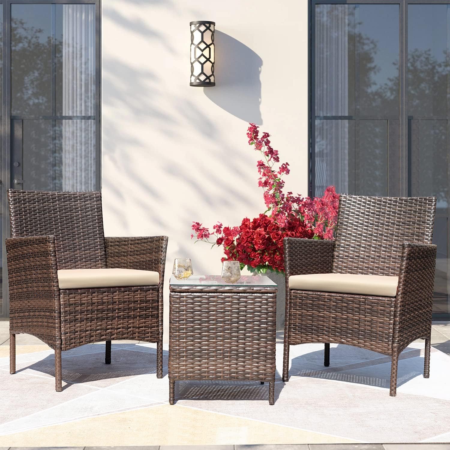 Greesum 3 Pieces Patio Furniture Sets Outdoor PE Rattan Wicker Chairs with Soft Cushion and Glass Coffee Table for Garden Backyard Porch Poolside, Brown and Beige 2 Greesum 3 Pieces Patio Furniture Sets Outdoor PE Rattan Wicker Chairs with Soft Cushion and Glass Coffee Table for Garden Backyard Porch Poolside, Brown and Beige - Image 2