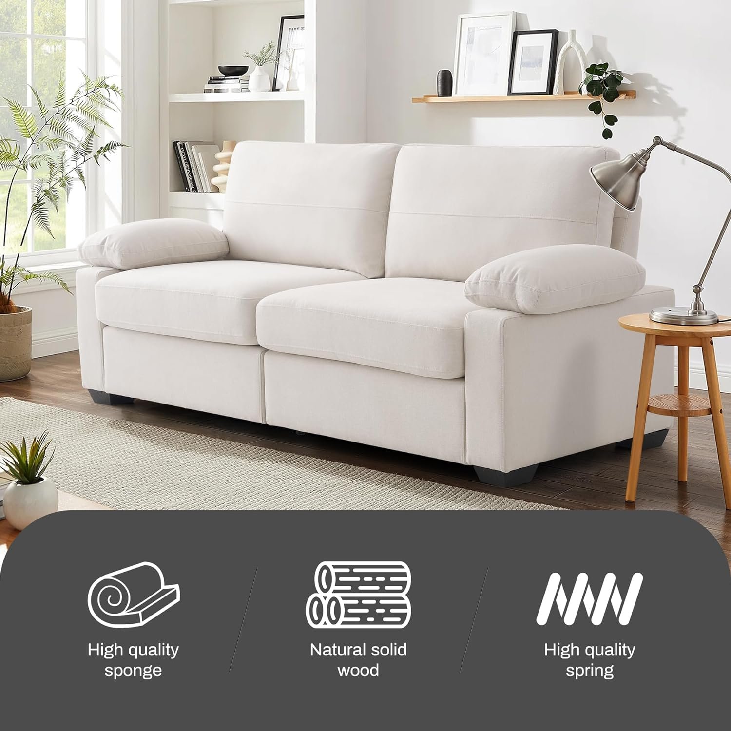 75" Couch for Living Room,3 Seater Sofa,Linen Fabric Deep Seat Couches with Upholstered Cushion and Storage Armrests for Small Space, Apartment(Beige) 8 75" Couch for Living Room,3 Seater Sofa,Linen Fabric Deep Seat Couches with Upholstered Cushion and Storage Armrests for Small Space, Apartment(Beige) - Image 8
