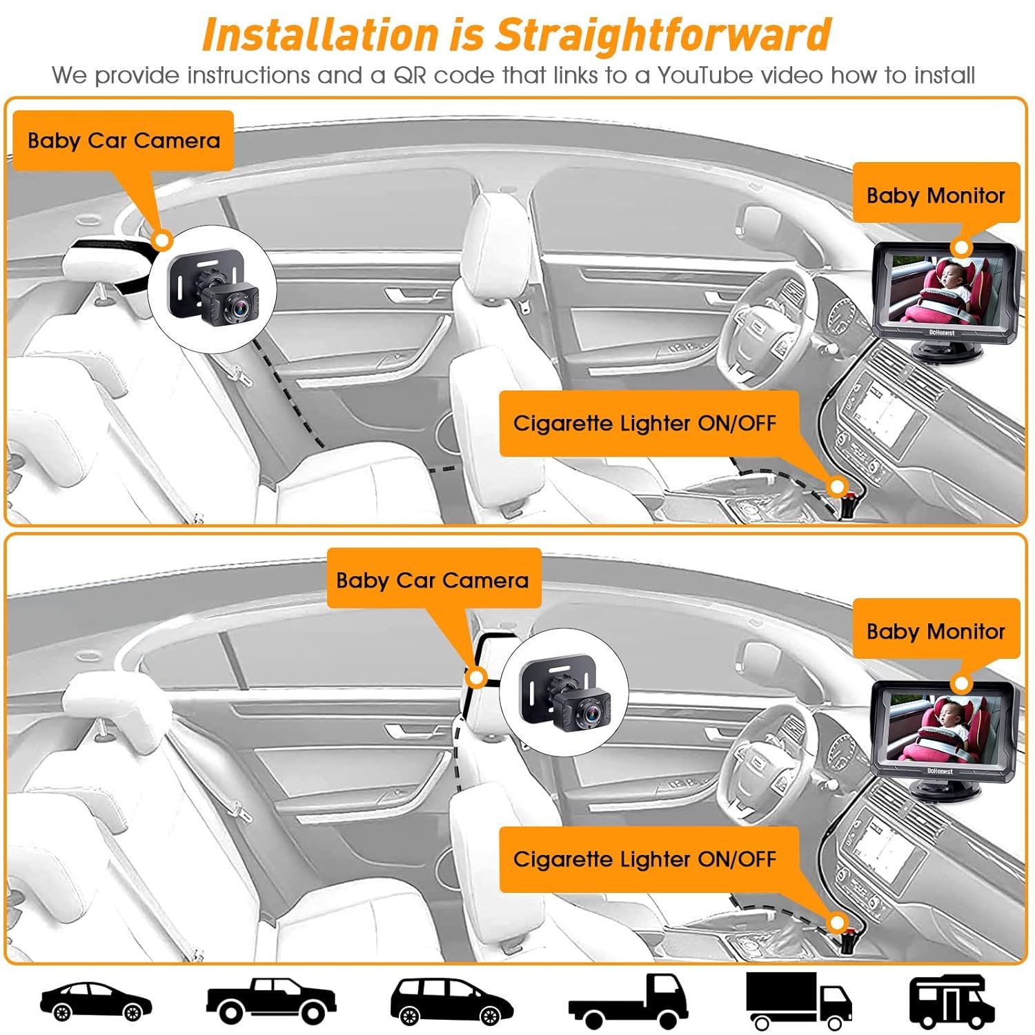 DoHonest Baby Car Camera HD 1080P - Rear-Facing Car Baby Monitor with Night Vision, Adjustable View Angle, Easy Setup, Anti-Glare Display, Safety for Kids & Infants 6 DoHonest Baby Car Camera HD 1080P - Rear-Facing Car Baby Monitor with Night Vision, Adjustable View Angle, Easy Setup, Anti-Glare Display, Safety for Kids & Infants - Image 6