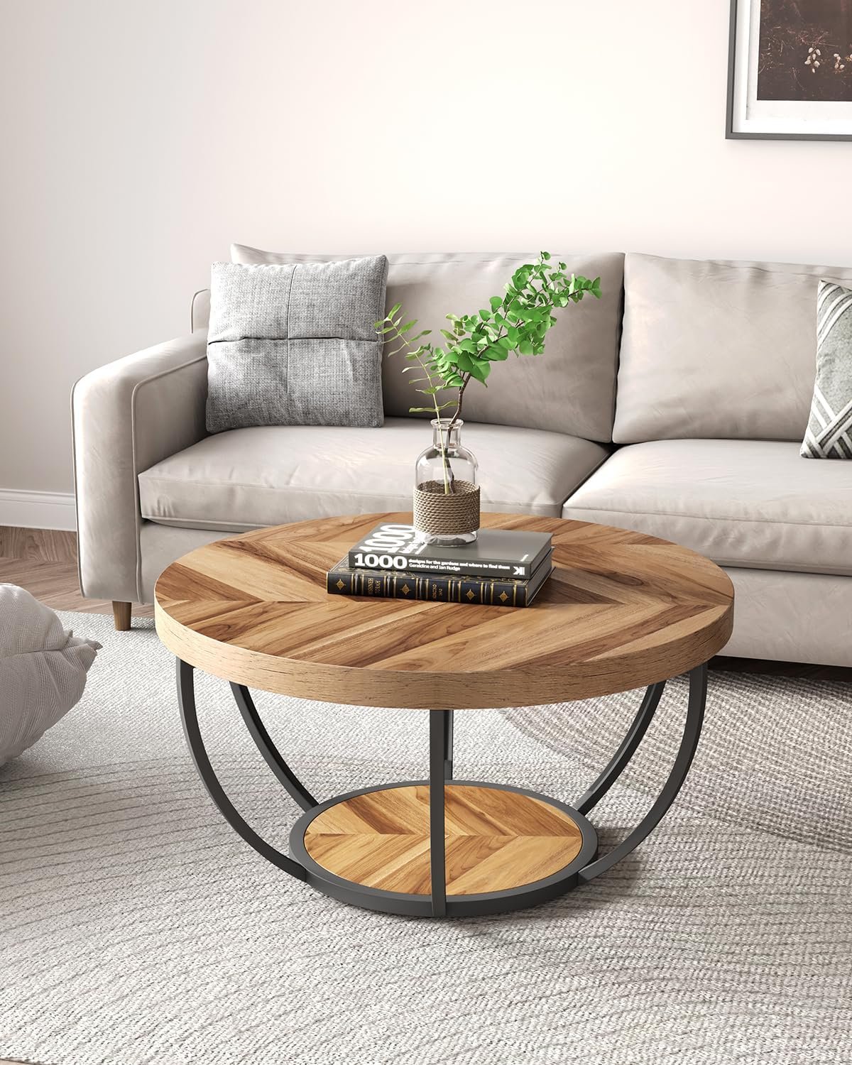 LITTLE TREE Round Coffee Table, 32" Circle Coffee Table for Living Room, 2-Tier Wood Accent Center Table with Open Storage Industrial Design Home Furniture (Wood Grain and Black) 2 LITTLE TREE Round Coffee Table, 32" Circle Coffee Table for Living Room, 2-Tier Wood Accent Center Table with Open Storage Industrial Design Home Furniture (Wood Grain and Black) - Image 2