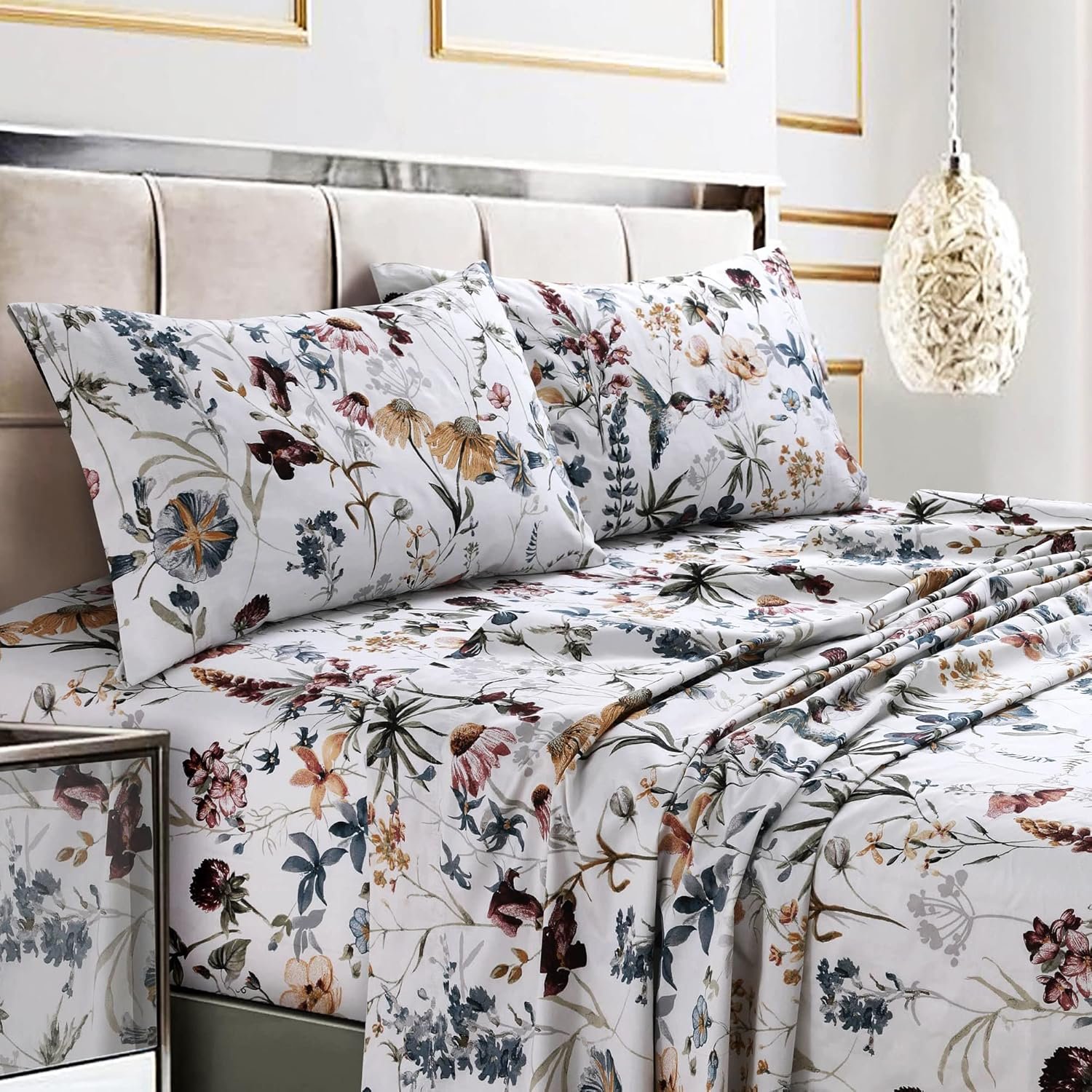 Tribeca Living King Bed Sheet Set, 300 Thread Count Soft Cotton Sateen, Floral Print with Extra Deep Pockets, 4-Piece Bedding Set, Amalfi Deep Red/Multi