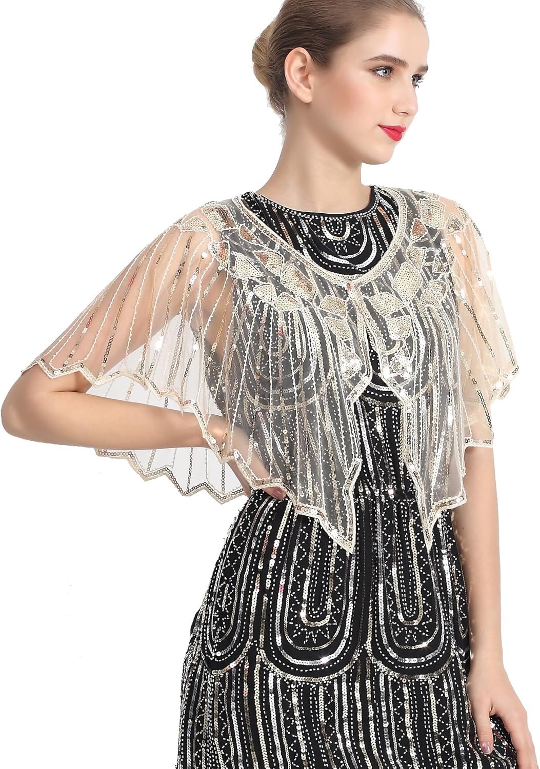 Shawls and Wraps for Evening Dresses 1920s Shawl Sequin Beaded Evening Cape Bolero Flapper Cover Up for Party Daily
