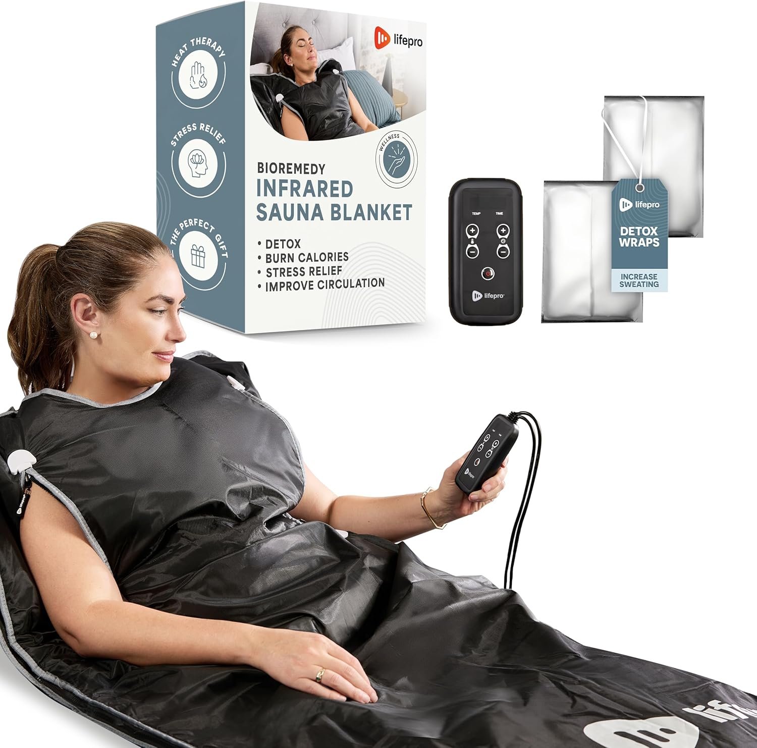 Lifepro BioRemedy Infrared Sauna Blanket - Portable Far Infrared Home Sauna for Detox, Tension, and Relaxation - Adjustable Temperature (86-158°F) - Includes Carry Bag & Detox Wraps