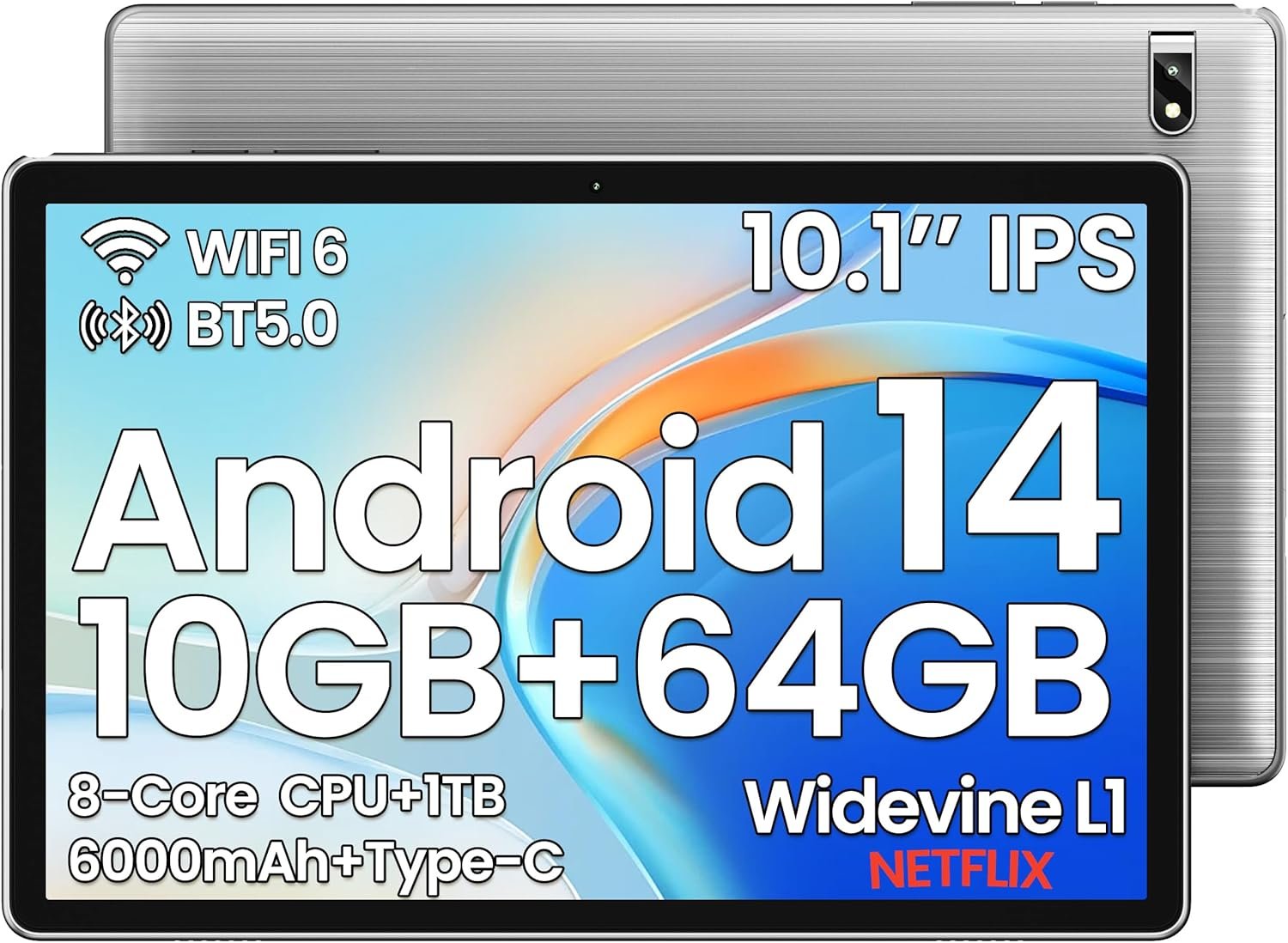 2025 Android Tablet 10 inch, Android 14 Tablets, Octa-Core, 10GB RAM + 64GB ROM (1TB Expand), 6000mAh Battery, 2.4G+5G Wi-Fi 6, 2MP+8MP Cameras, Bluetooth, 1280x800 FHD IPS (Gray)