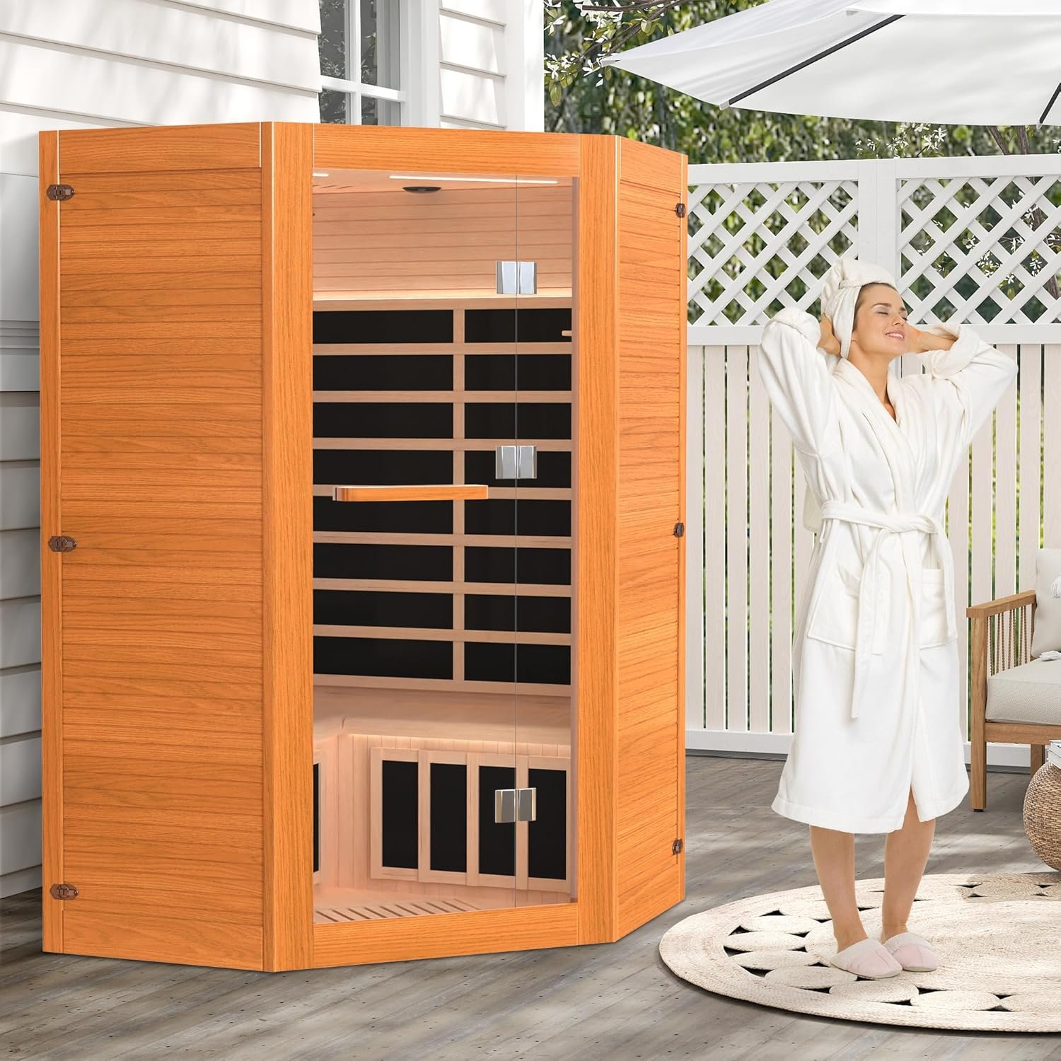 Far Infrared Wooden Sauna, 2-3 Person Indoor Wooden with 2 Bluetooth Speakers & 7 Color Lights & 7 Heating Panel, 2100W Canadian Hemlock Dry Sauna for Home,Intelligent Control Panel 6 Far Infrared Wooden Sauna, 2-3 Person Indoor Wooden with 2 Bluetooth Speakers & 7 Color Lights & 7 Heating Panel, 2100W Canadian Hemlock Dry Sauna for Home,Intelligent Control Panel - Image 6