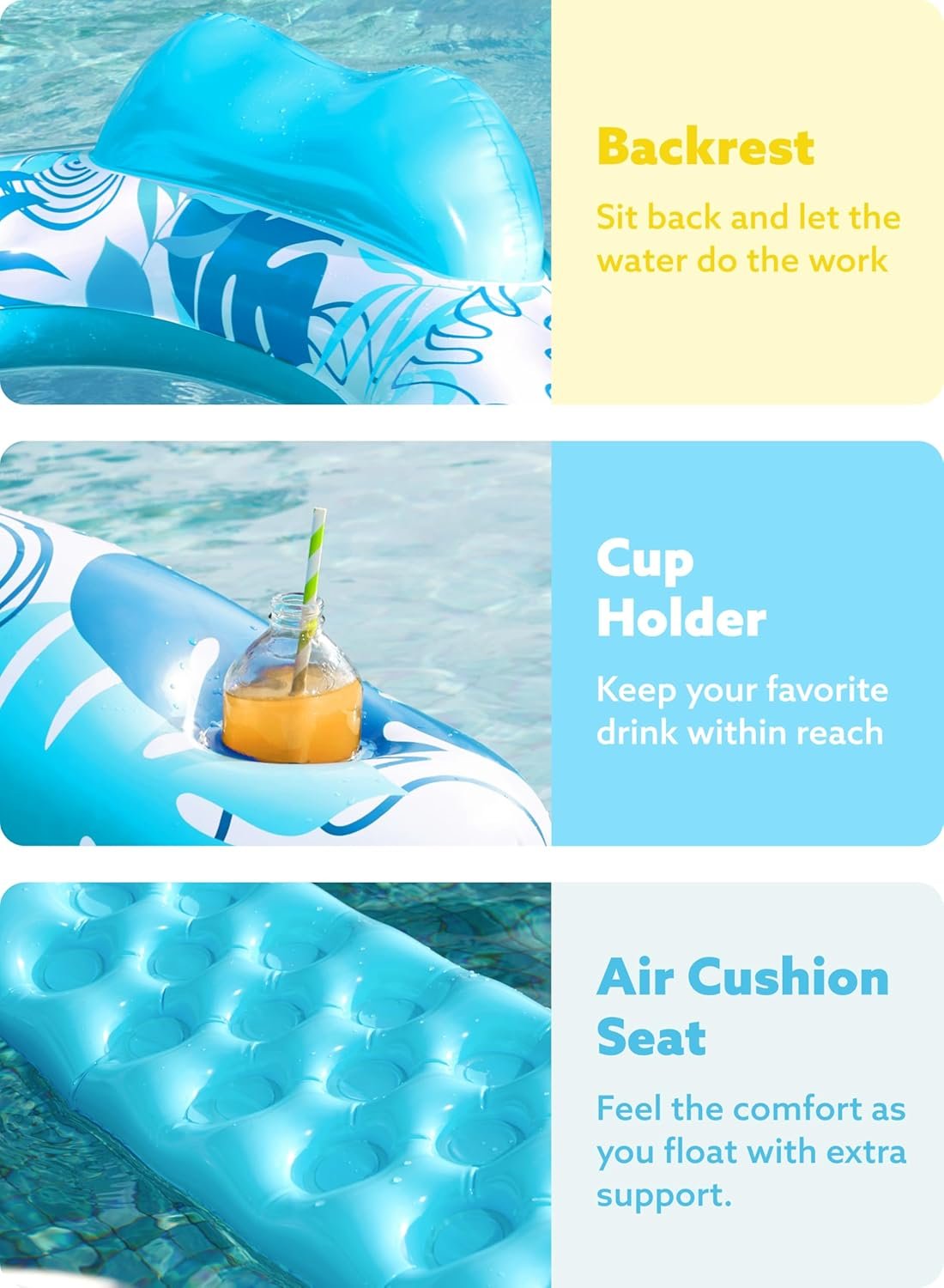 SLOOSH Inflatable Pool Floats Adult, 4 Pack Pool Chairs with Cup Holders,Blow up Floats Chair,Hammock Noodle Mat Leaves Design for Summer Water Fun Swimming Party Beach,Blue, Cyan, Pink, Champagne 3 SLOOSH Inflatable Pool Floats Adult, 4 Pack Pool Chairs with Cup Holders,Blow up Floats Chair,Hammock Noodle Mat Leaves Design for Summer Water Fun Swimming Party Beach,Blue, Cyan, Pink, Champagne - Image 3