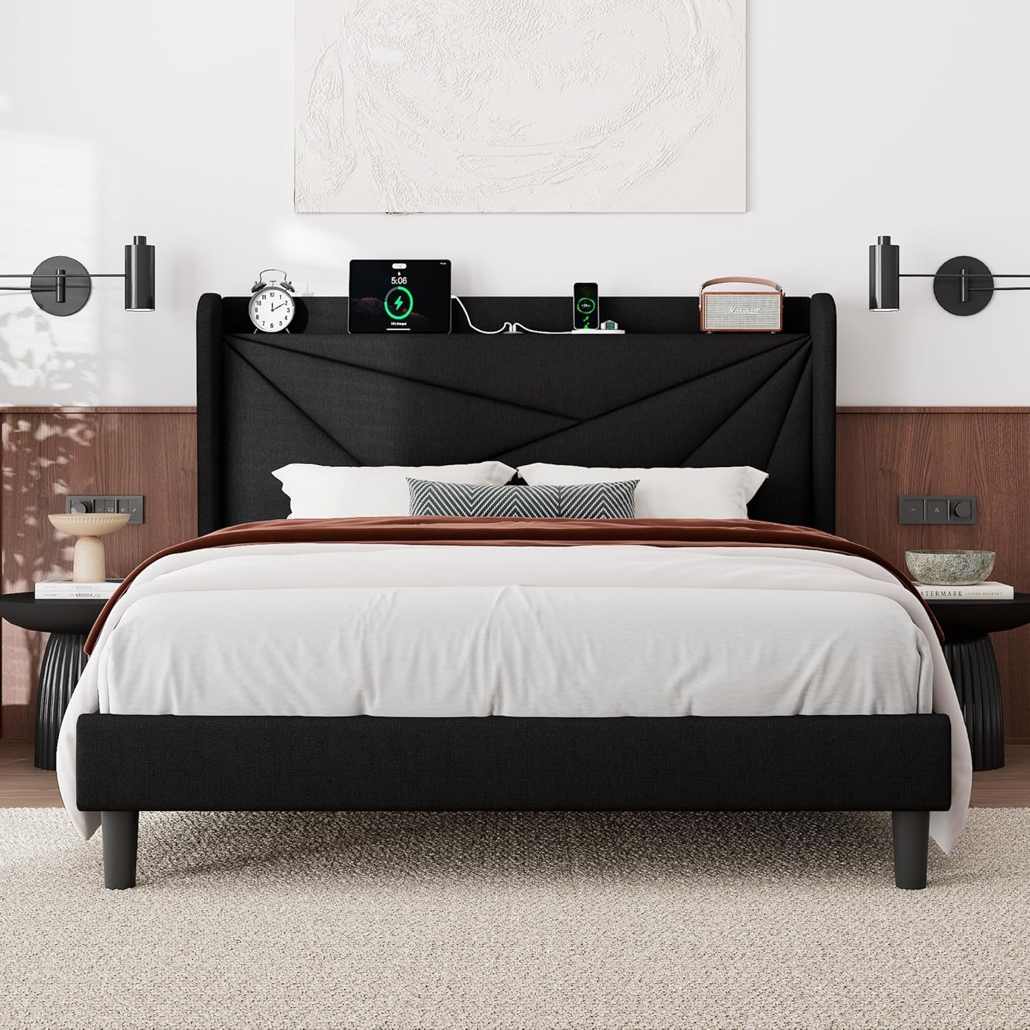 Feonase Queen Bed Frame with Charging Station, Upholstered Platform Bed Frame with Wingback Storage Headboard, Solid Wood Slats Support, No Box Spring Needed, Black
