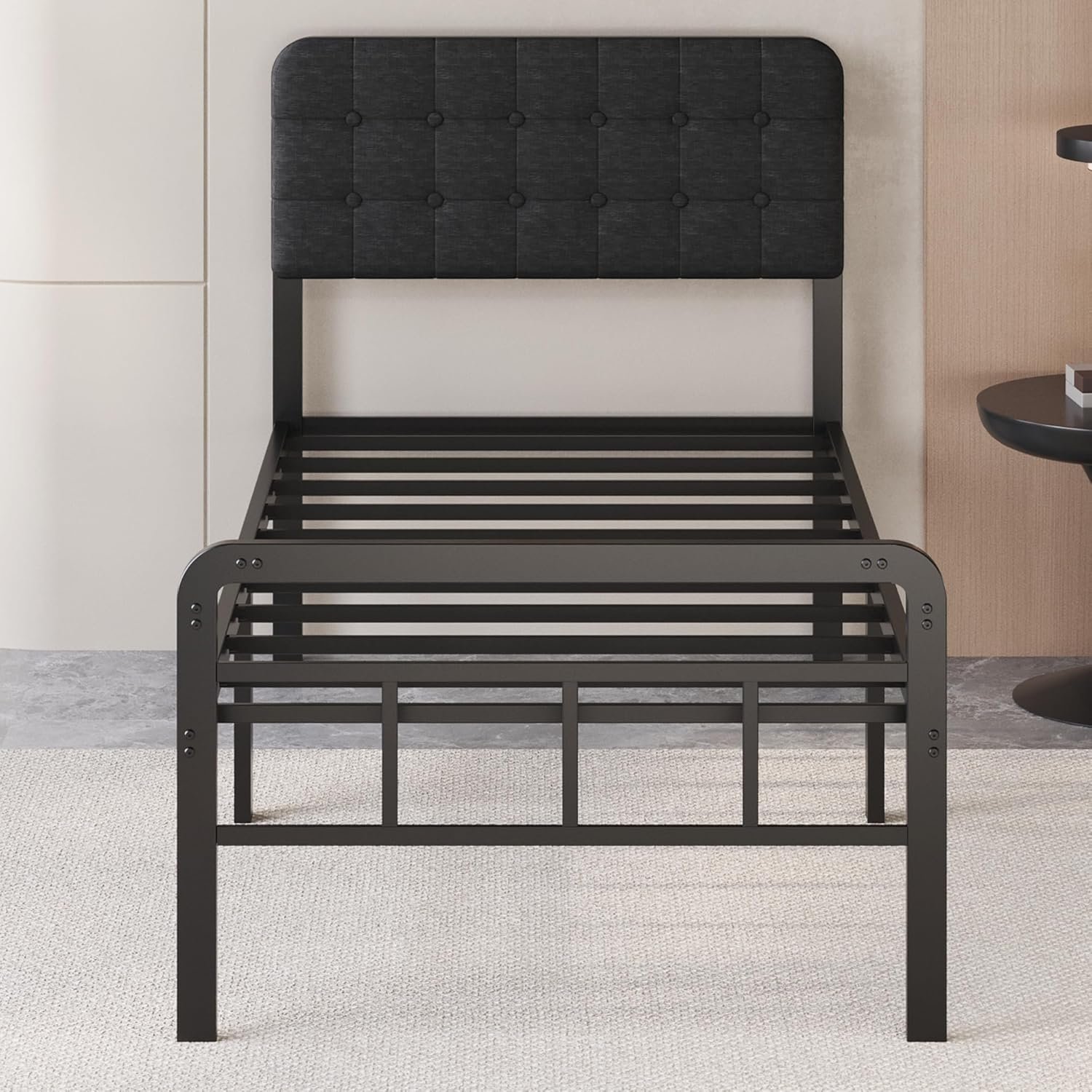 16 Inch Twin XL Bed Frames with Upholstered Headboard and Metal Footboard, XL Twin Platform Bed Frame with Metal Slat Support, No Box Spring Needed, Noise Free, Black