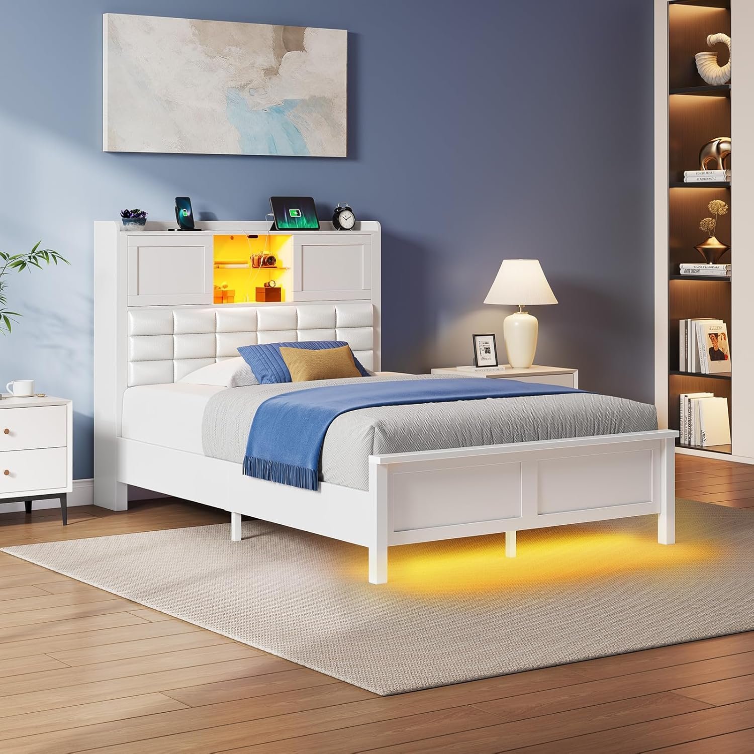 Rolanstar Bed Frame Twin Size with Charging Station, Bookcase Headboard Bed with LED Light and Sliding Doors, Platform Bed with Wooden Slats, No Box Spring Needed, Noise Free, White 7 Rolanstar Bed Frame Twin Size with Charging Station, Bookcase Headboard Bed with LED Light and Sliding Doors, Platform Bed with Wooden Slats, No Box Spring Needed, Noise Free, White - Image 7