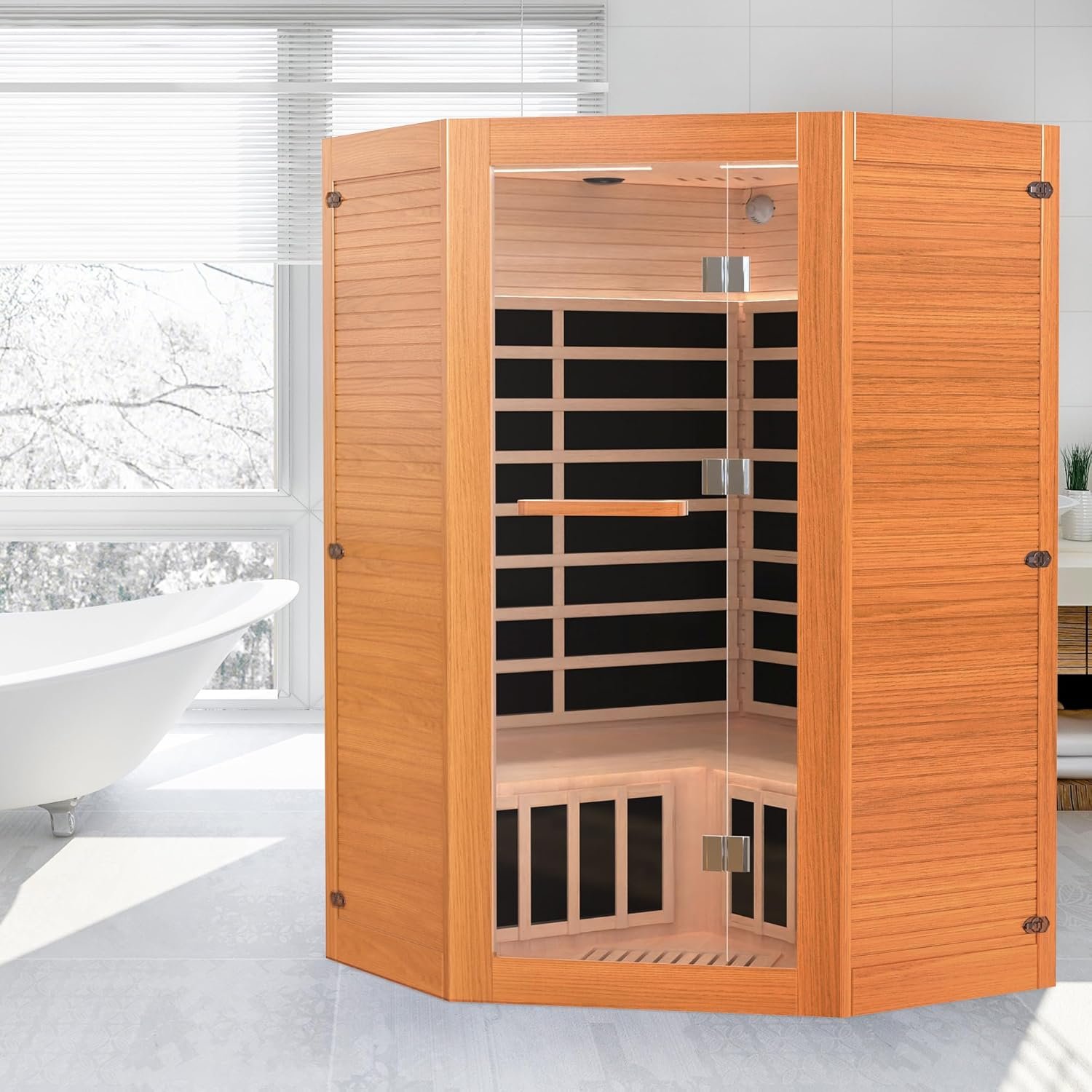 Far Infrared Wooden Sauna, 2-3 Person Indoor Wooden with 2 Bluetooth Speakers & 7 Color Lights & 7 Heating Panel, 2100W Canadian Hemlock Dry Sauna for Home,Intelligent Control Panel