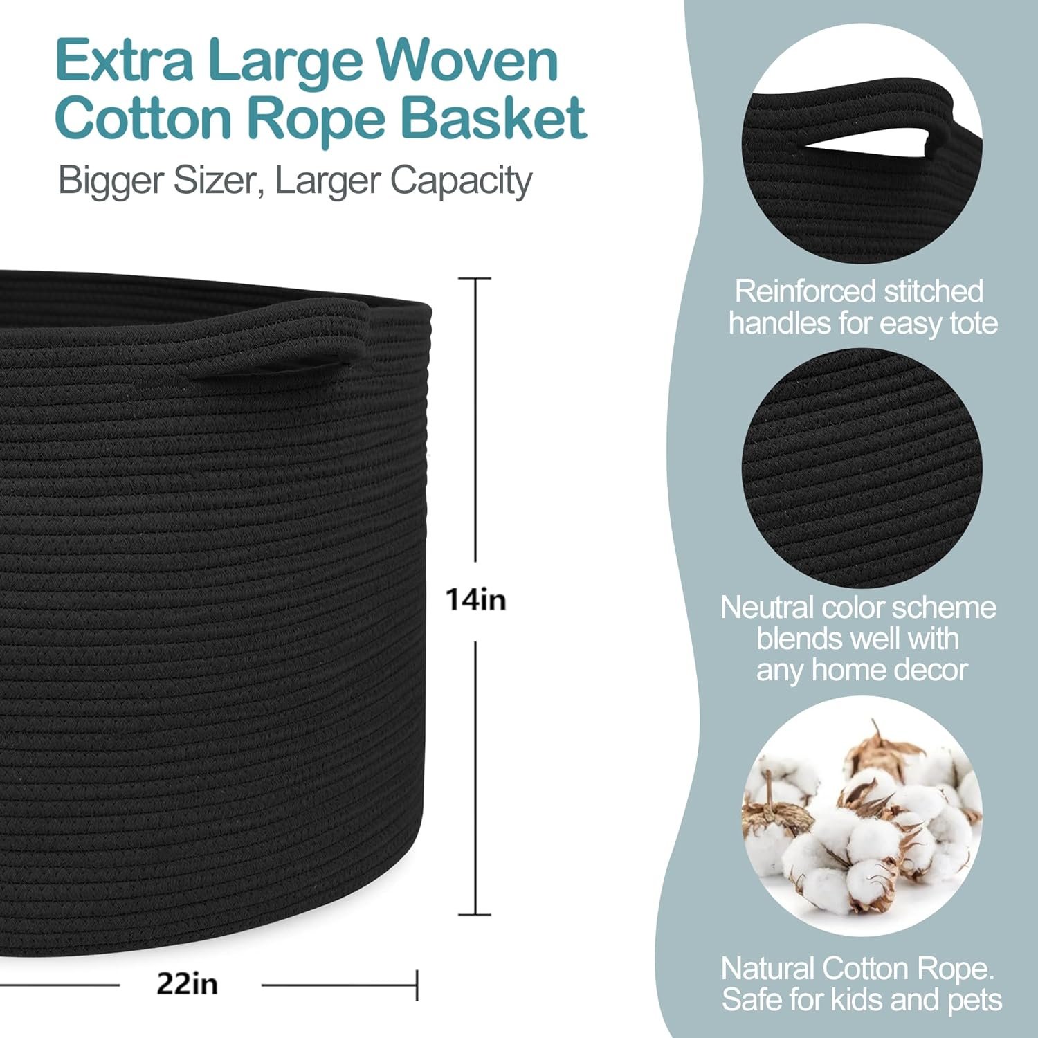 Large Black Blanket Basket, 22" X 22" X 14" Woven Rope Baskets for Storage, Kids Dog Toy Storage Box Organizer Bins, Blanket Storage for Living Room, Black Wicker Baskets for Organizing 2 Large Black Blanket Basket, 22" X 22" X 14" Woven Rope Baskets for Storage, Kids Dog Toy Storage Box Organizer Bins, Blanket Storage for Living Room, Black Wicker Baskets for Organizing - Image 2