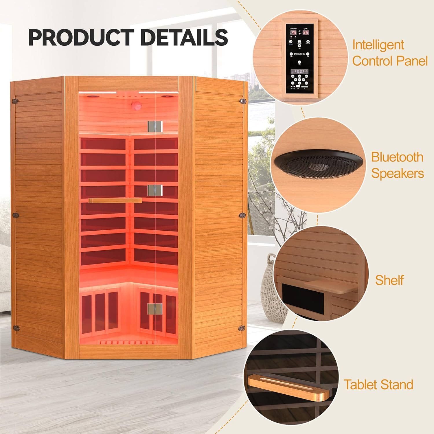 Far Infrared Wooden Sauna, 2-3 Person Indoor Wooden with 2 Bluetooth Speakers & 7 Color Lights & 7 Heating Panel, 2100W Canadian Hemlock Dry Sauna for Home,Intelligent Control Panel 3 Far Infrared Wooden Sauna, 2-3 Person Indoor Wooden with 2 Bluetooth Speakers & 7 Color Lights & 7 Heating Panel, 2100W Canadian Hemlock Dry Sauna for Home,Intelligent Control Panel - Image 3