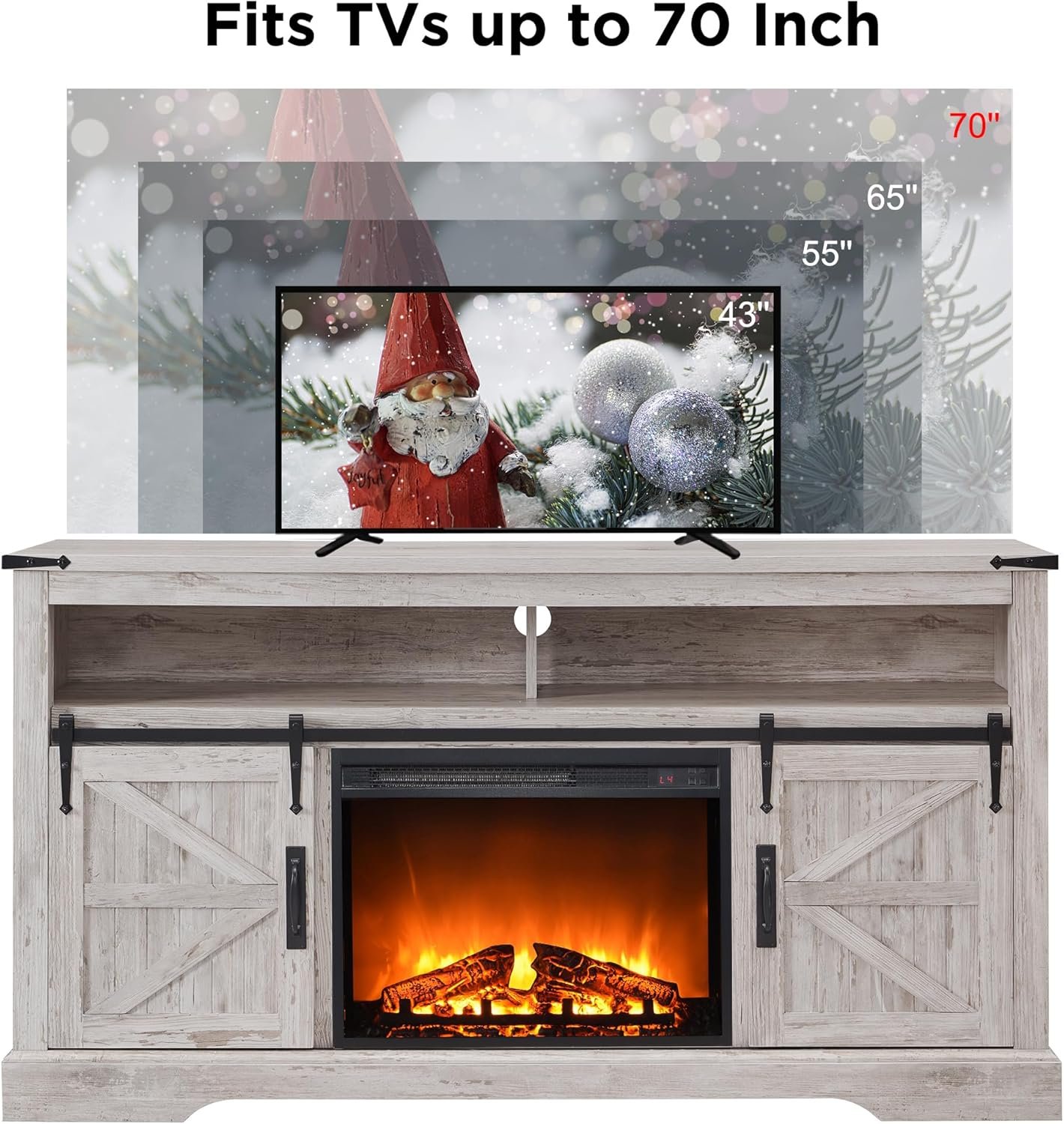 OKD Fireplace TV Stand for 65+ Inch TV, 33" Tall Highboy Farmhouse Entertainment Center w/ 23'' Electric Fireplace, Rustic Media Console w/Sliding Barn Door for Living Room, Antique Brush White 7 OKD Fireplace TV Stand for 65+ Inch TV, 33" Tall Highboy Farmhouse Entertainment Center w/ 23'' Electric Fireplace, Rustic Media Console w/Sliding Barn Door for Living Room, Antique Brush White - Image 7