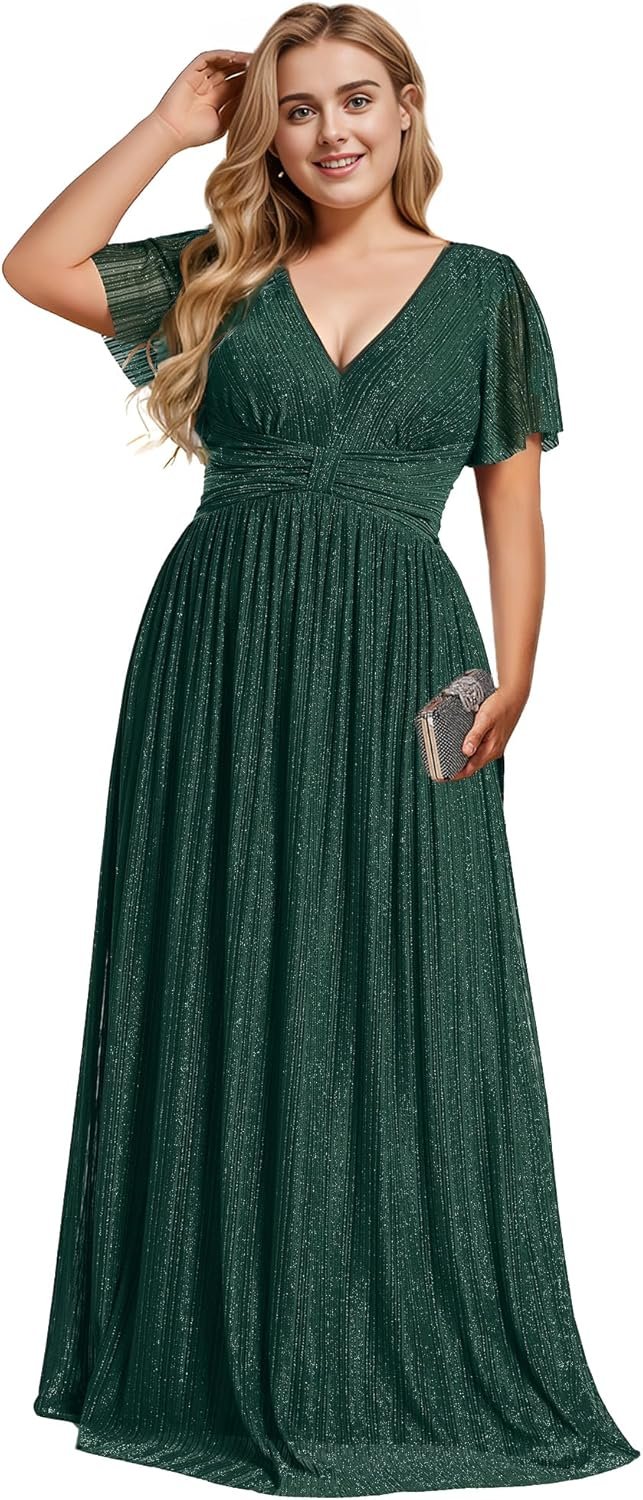 Ever-Pretty Women's A Line V Neck Glitter Short Sleeves Pleated Plus Size Formal Evening Dresses 11961-DA