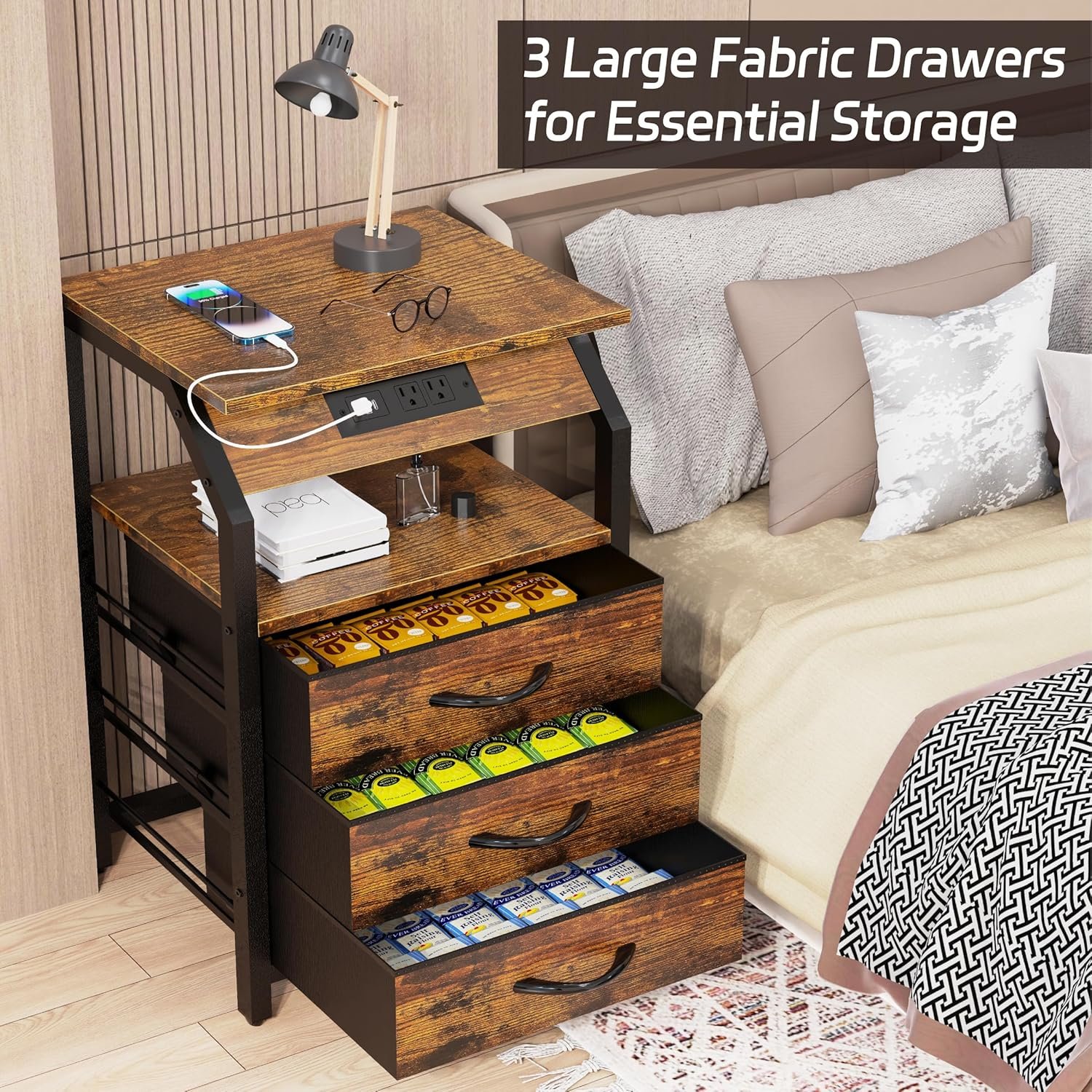 End Tables Set of 2, Nightstands with Charging Station and LED Lights, 3 Drawers Fabric Dresser, Storage Side Tables for Bedside, Living Room, Rustic Brown 6 End Tables Set of 2, Nightstands with Charging Station and LED Lights, 3 Drawers Fabric Dresser, Storage Side Tables for Bedside, Living Room, Rustic Brown - Image 6