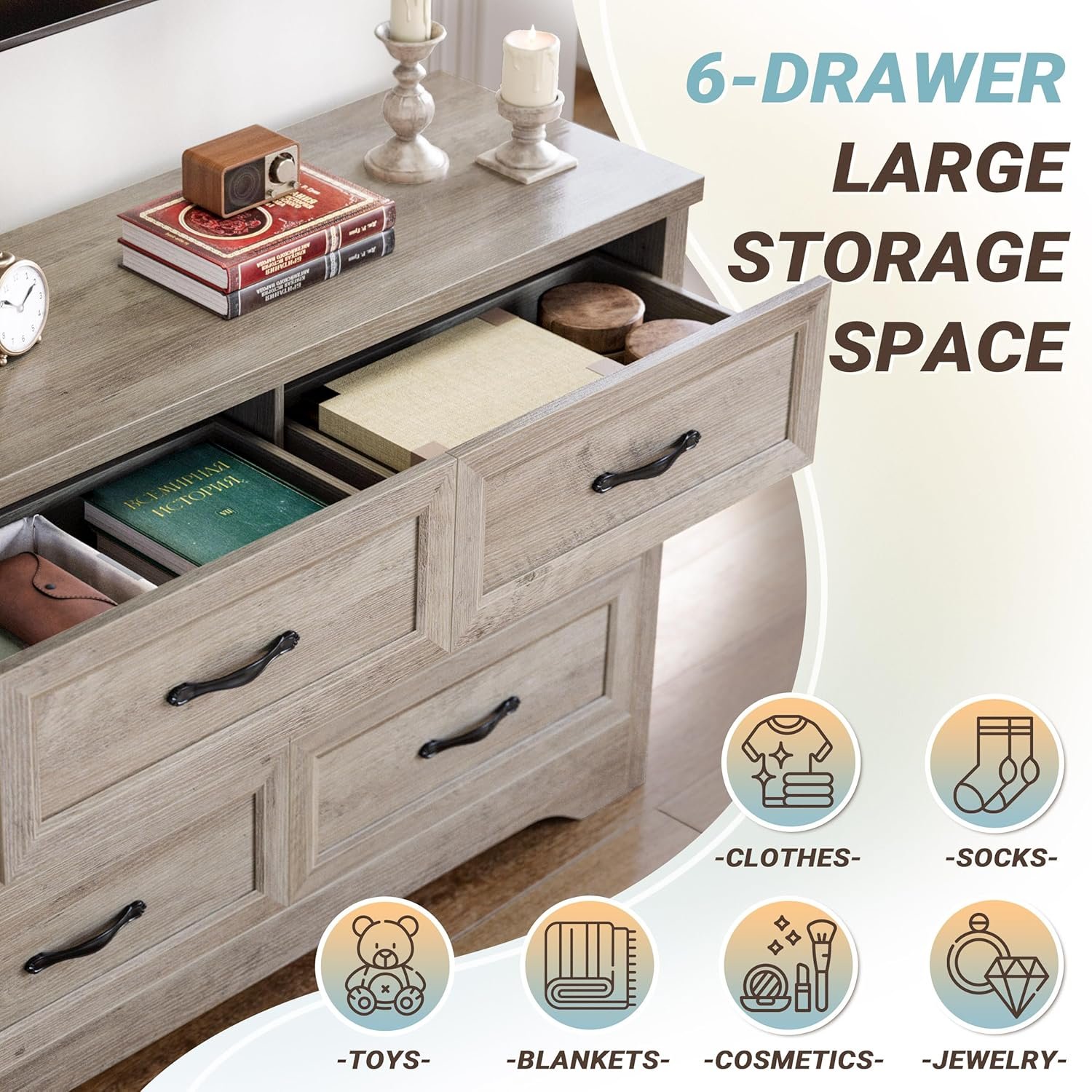 LIKIMIO Dresser for Bedroom, Modern 6 Drawer Double Dresser for Bedroom with Black Handle, Wide Wood Dressers & Chests of Drawers, 6 Drawer Dressers for Hallway, Gray 4 LIKIMIO Dresser for Bedroom, Modern 6 Drawer Double Dresser for Bedroom with Black Handle, Wide Wood Dressers & Chests of Drawers, 6 Drawer Dressers for Hallway, Gray - Image 4