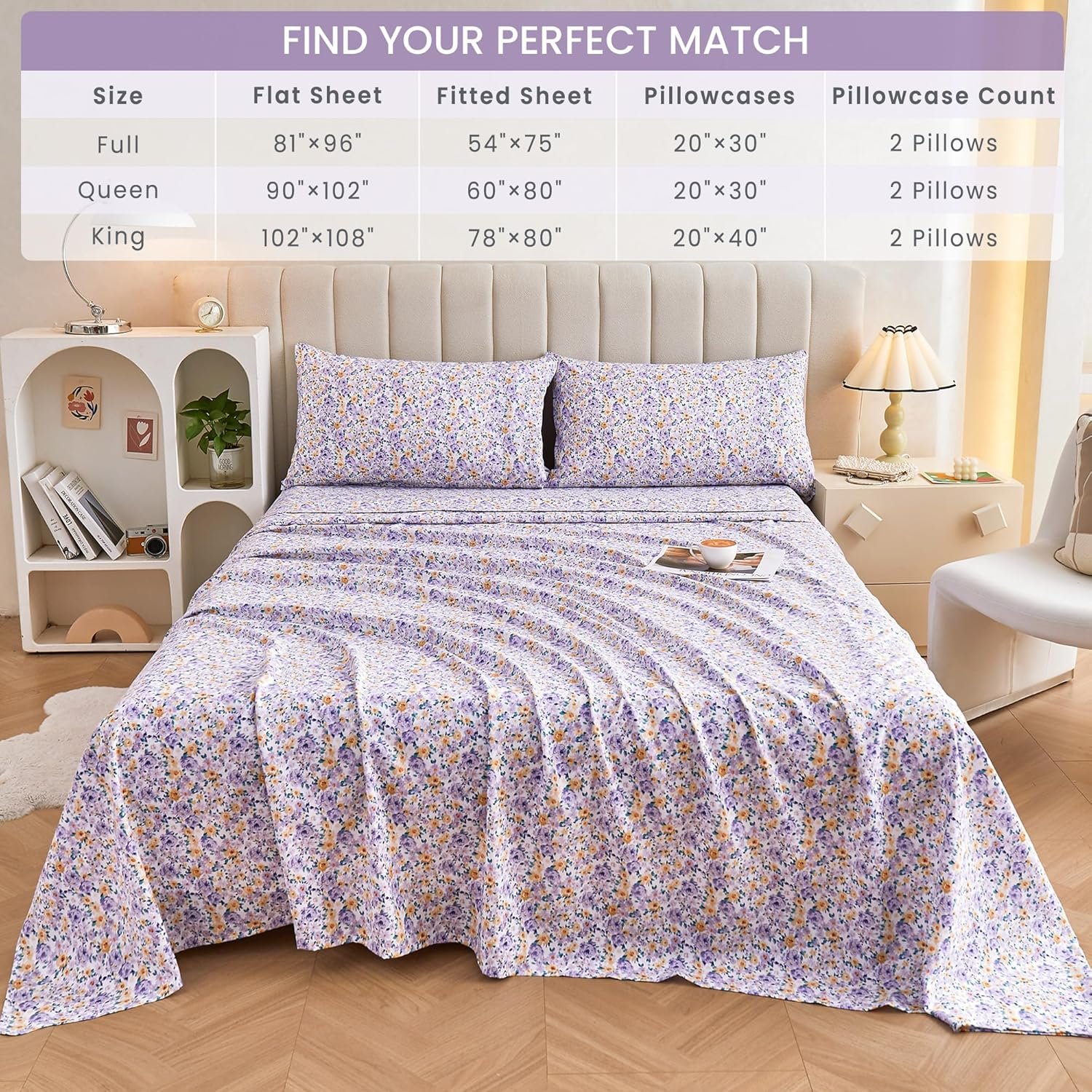 Mooreeke Floral Queen Bed Sheets, Soft Microfiber Printed Bedding Sheets & Pillowcases, Deep Pocket Non-Slip Vintage Queen Sheet, Purple Yellow Flower Pattern Bedsheets 6 Mooreeke Floral Queen Bed Sheets, Soft Microfiber Printed Bedding Sheets & Pillowcases, Deep Pocket Non-Slip Vintage Queen Sheet, Purple Yellow Flower Pattern Bedsheets - Image 6