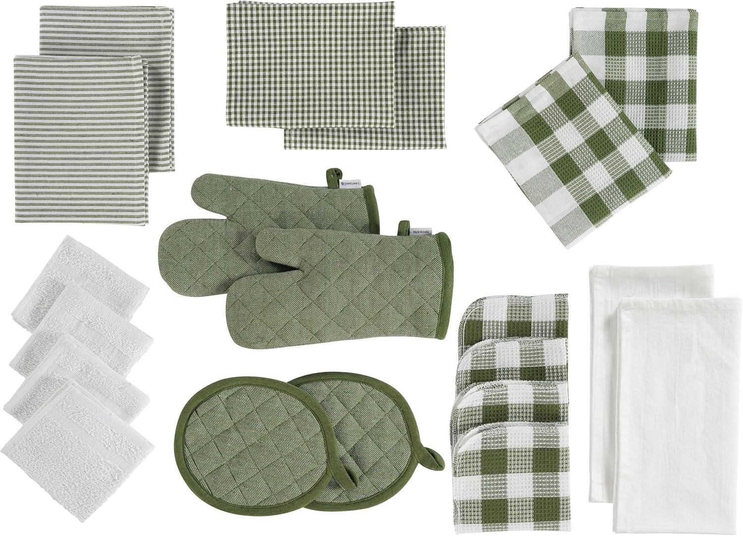 LANE LINEN Dish Towels and Dishcloths Sets - 20 Pc Kitchen Towels Set, 350 Degree Heat Resistant Kitchen Mitts and Pot Holders, 100% Cotton Dish Towels, Kitchen Dish Rags for Washing Dishes - Olive
