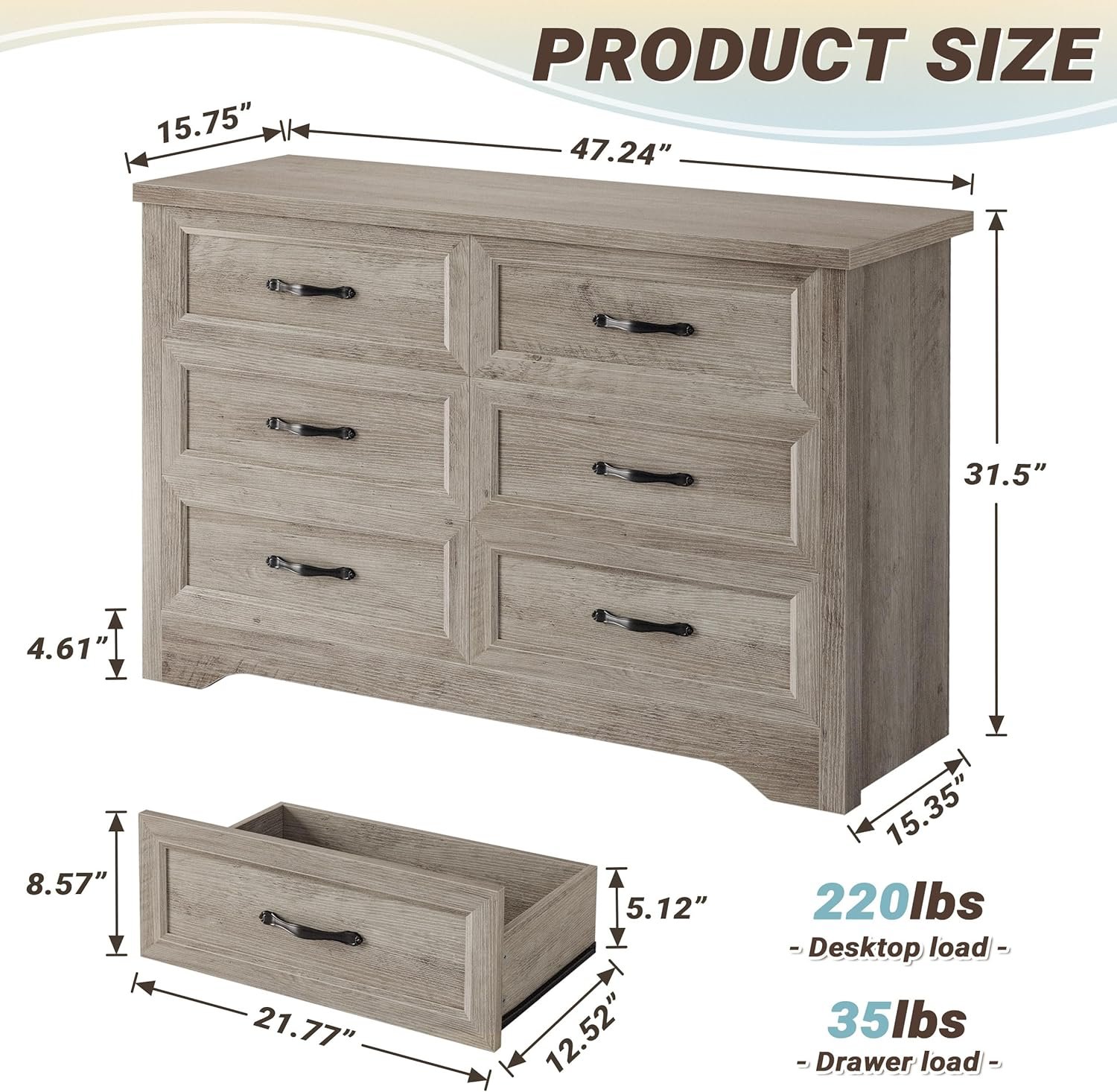 LIKIMIO Dresser for Bedroom, Modern 6 Drawer Double Dresser for Bedroom with Black Handle, Wide Wood Dressers & Chests of Drawers, 6 Drawer Dressers for Hallway, Gray 3 LIKIMIO Dresser for Bedroom, Modern 6 Drawer Double Dresser for Bedroom with Black Handle, Wide Wood Dressers & Chests of Drawers, 6 Drawer Dressers for Hallway, Gray - Image 3