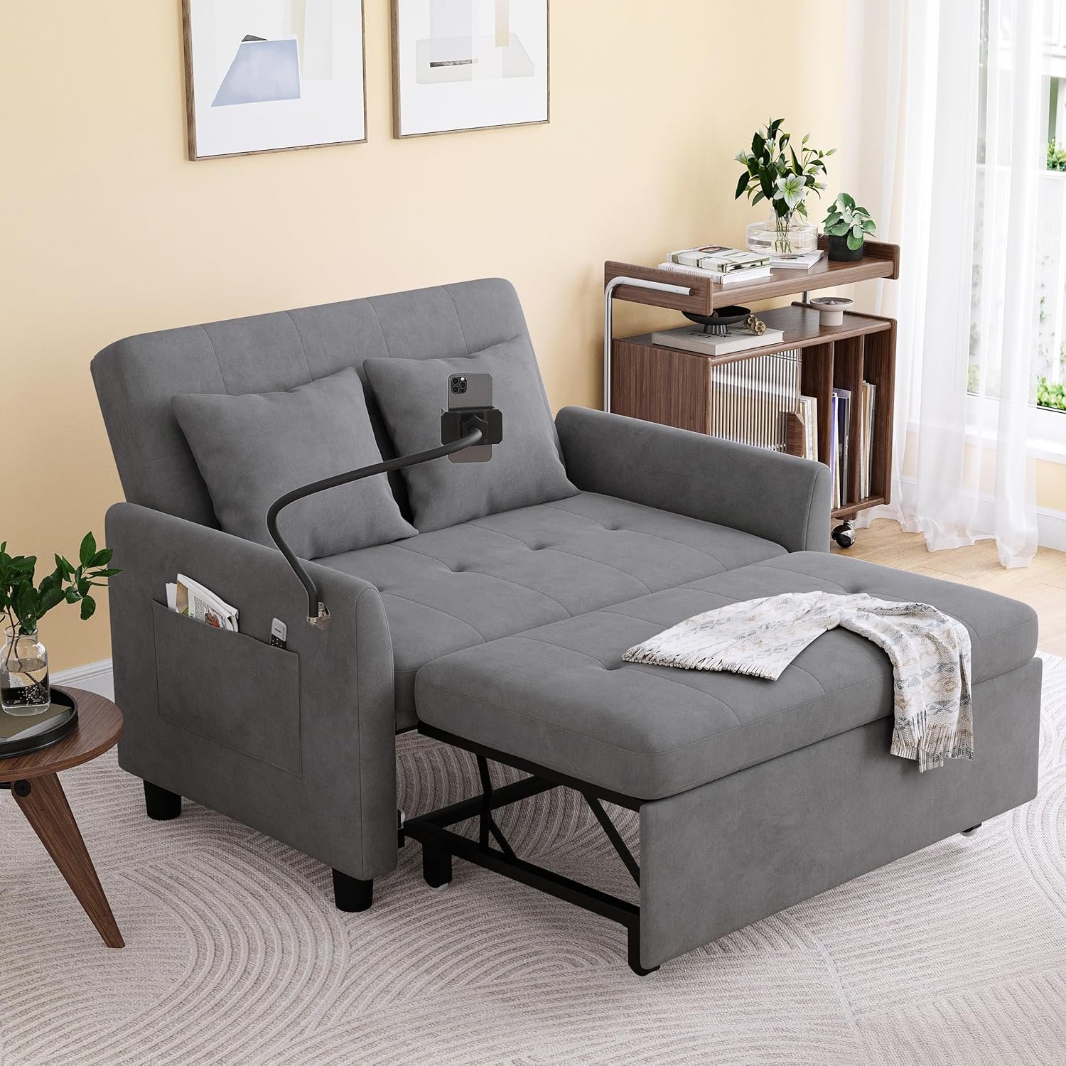 Sleeper Sofa Bed, 3 in 1 Convertible Sleeper Couch Bed Pull Out, Small Loveseat Sleeper Sofa, Futon Sofa Bed Full Size, 46" Velvet Love Seat with Pillow and Phone Holder for Living Room, Grey