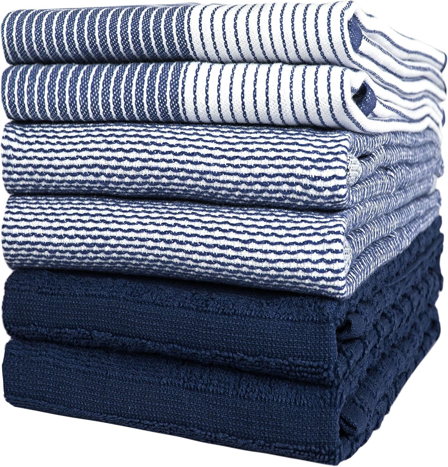 Premium Kitchen Dish Hand Towels (20”x 28”, 6 Pack) | Large,Cotton Flat & Terry Highly Absorbent Tea Towels Set with Hanging Loop | Navy Blue